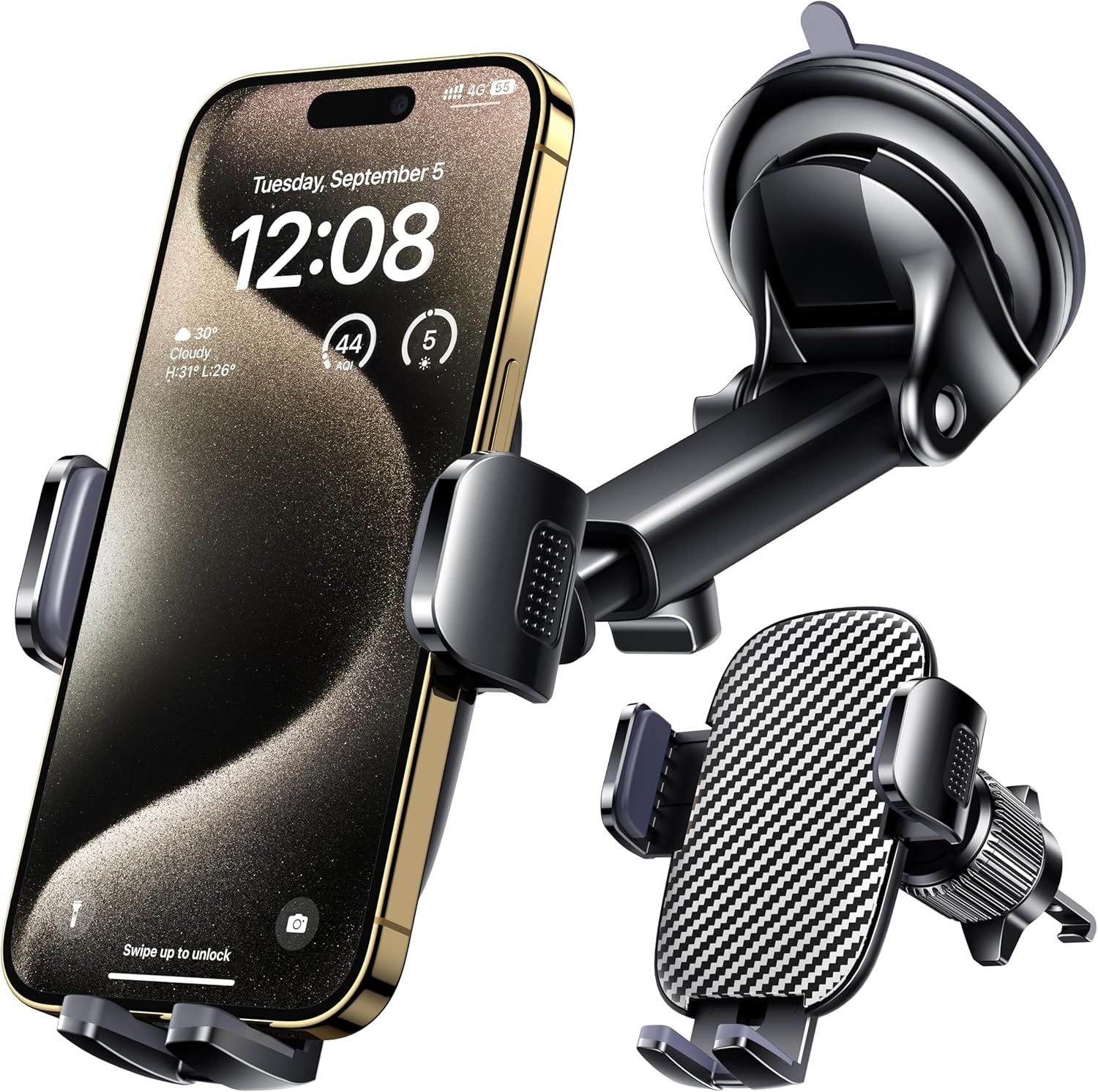 Shows the core product—a car phone mount system with multiple mounting options (suction cup and vent clip)—to communicate versatility and compatibility with different vehicle setups. Demonstrates…