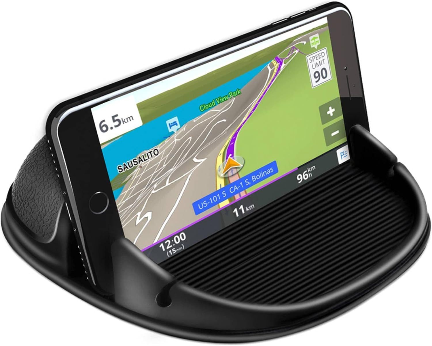 Shows the core product, a dashboard phone mount with textured grip surface, holding a smartphone displaying navigation to demonstrate its primary use case and secure holding capability. Demonstrates…