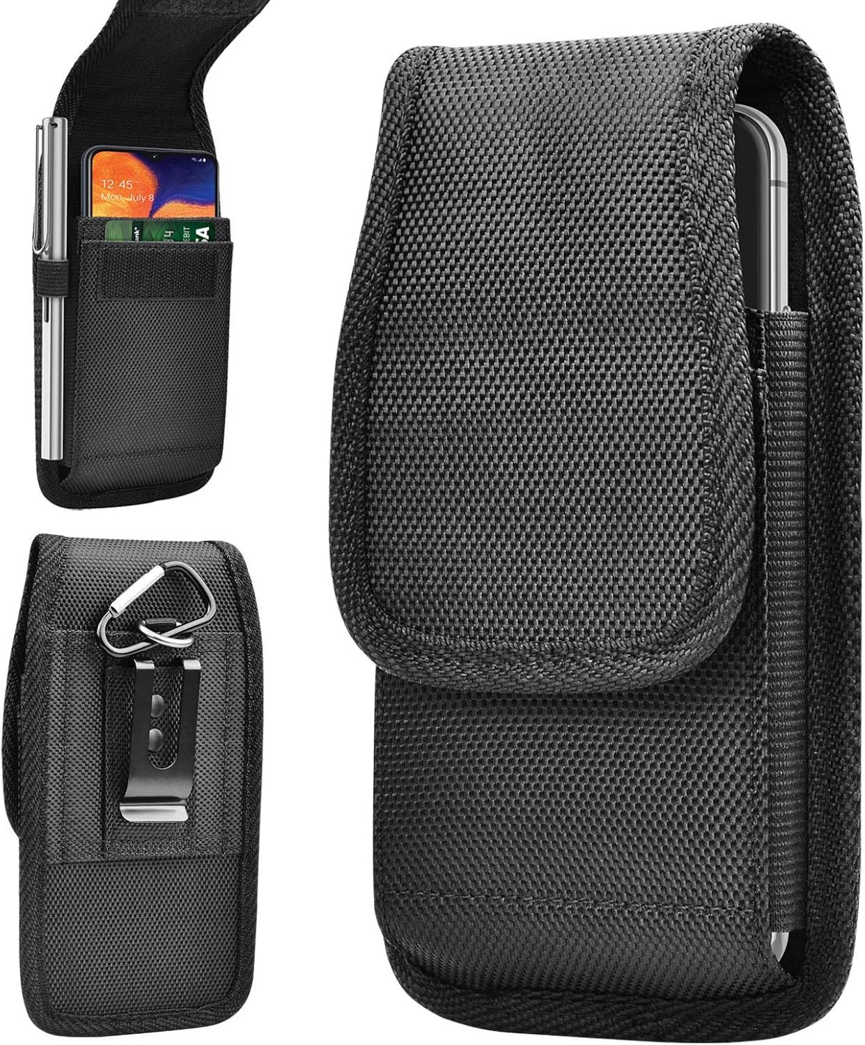 Shows the phone case pouch from multiple angles to communicate its storage capacity, organizational features, and belt attachment capability for hands-free carrying. Demonstrates how the pouch…
