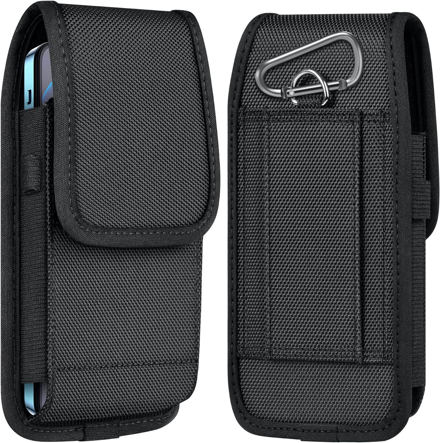 Shows both the front and back of the phone pouch to communicate its complete design, features, and functionality including the carabiner attachment and storage pockets. Highlights the included metal…