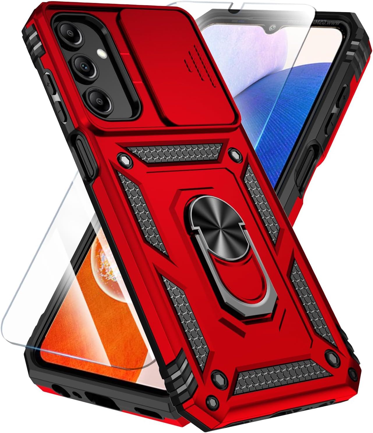 Displays the core product, a protective phone case with military-grade styling and integrated kickstand, showing shoppers the design and key features they will receive. Shows that the purchase…