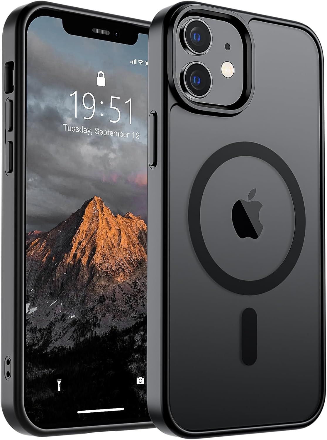 Shows the phone case product clearly from front and back angles to communicate its design, fit, and MagSafe magnetic ring feature for iPhone users.