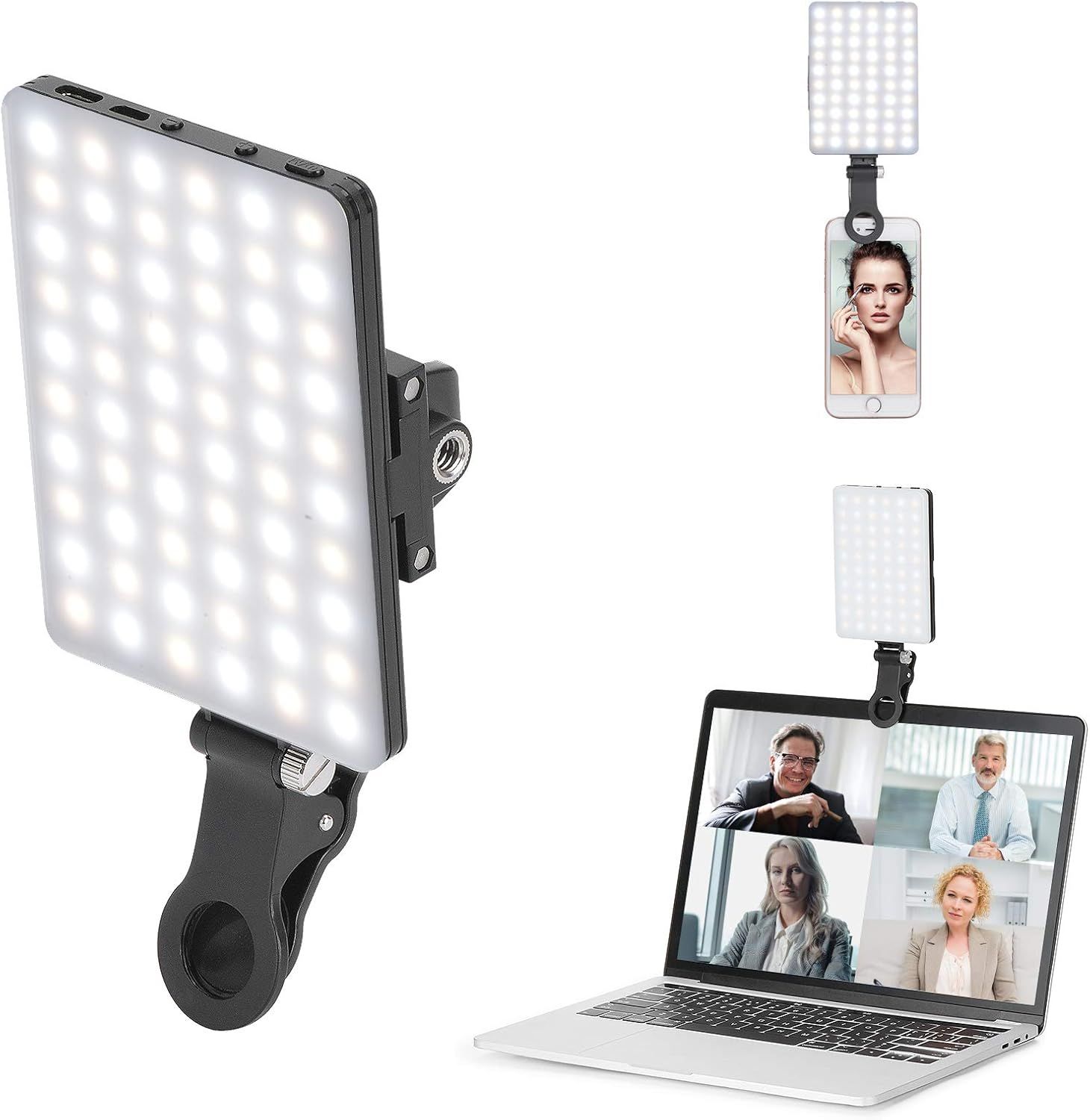 Shows the core LED light panel product with its mounting clip and demonstrates its versatility by showing it attached to a smartphone and laptop for video calls and content creation. Demonstrates…