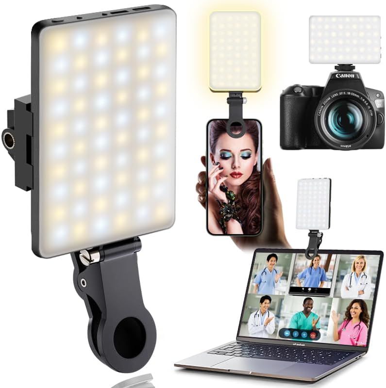 Shows the core LED video light product with its illuminated panel and mounting clip, demonstrating its professional lighting capability for photography and videography. Demonstrates how the LED…