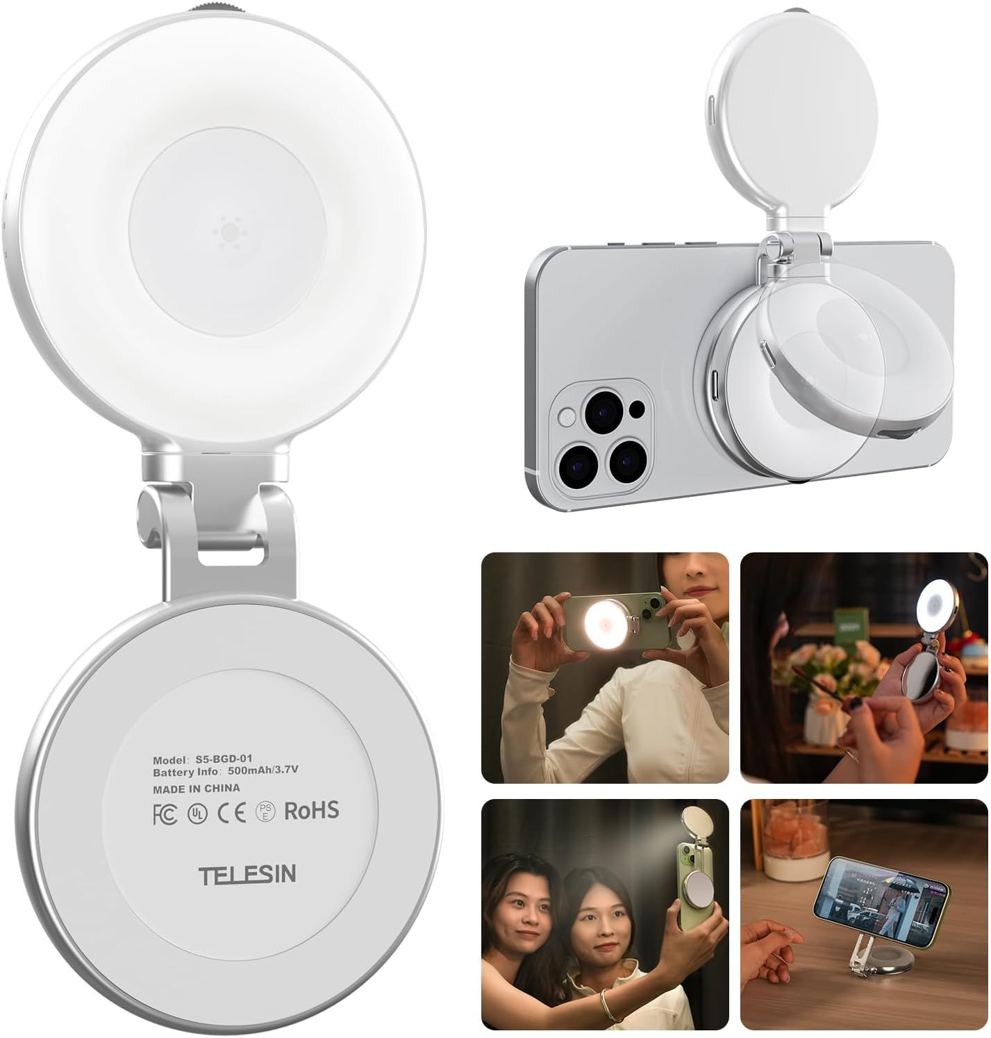 Shows the core product—a portable ring light accessory for smartphones—in multiple views and demonstrates its compact, foldable design and attachment mechanism to help shoppers understand what they…