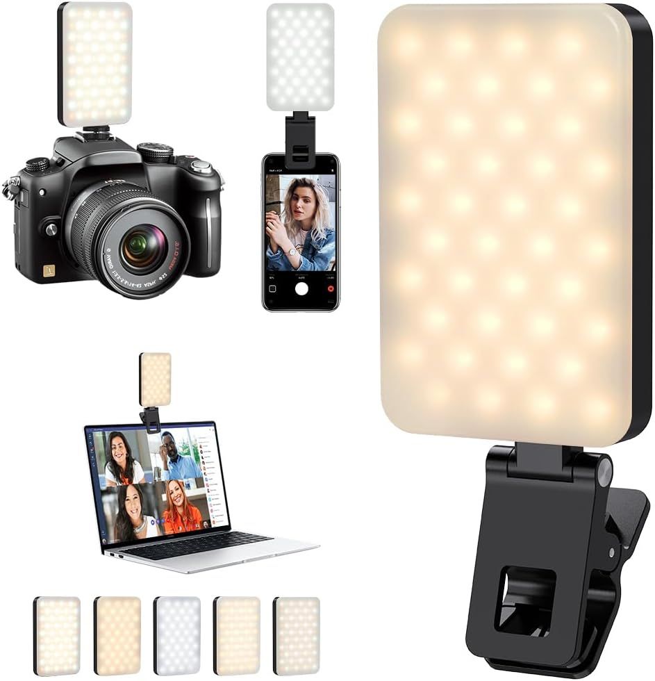Shows the core sellable product, an LED video light with clip attachment, clearly displayed to help shoppers understand what they are purchasing. Demonstrates how the light functions with various…
