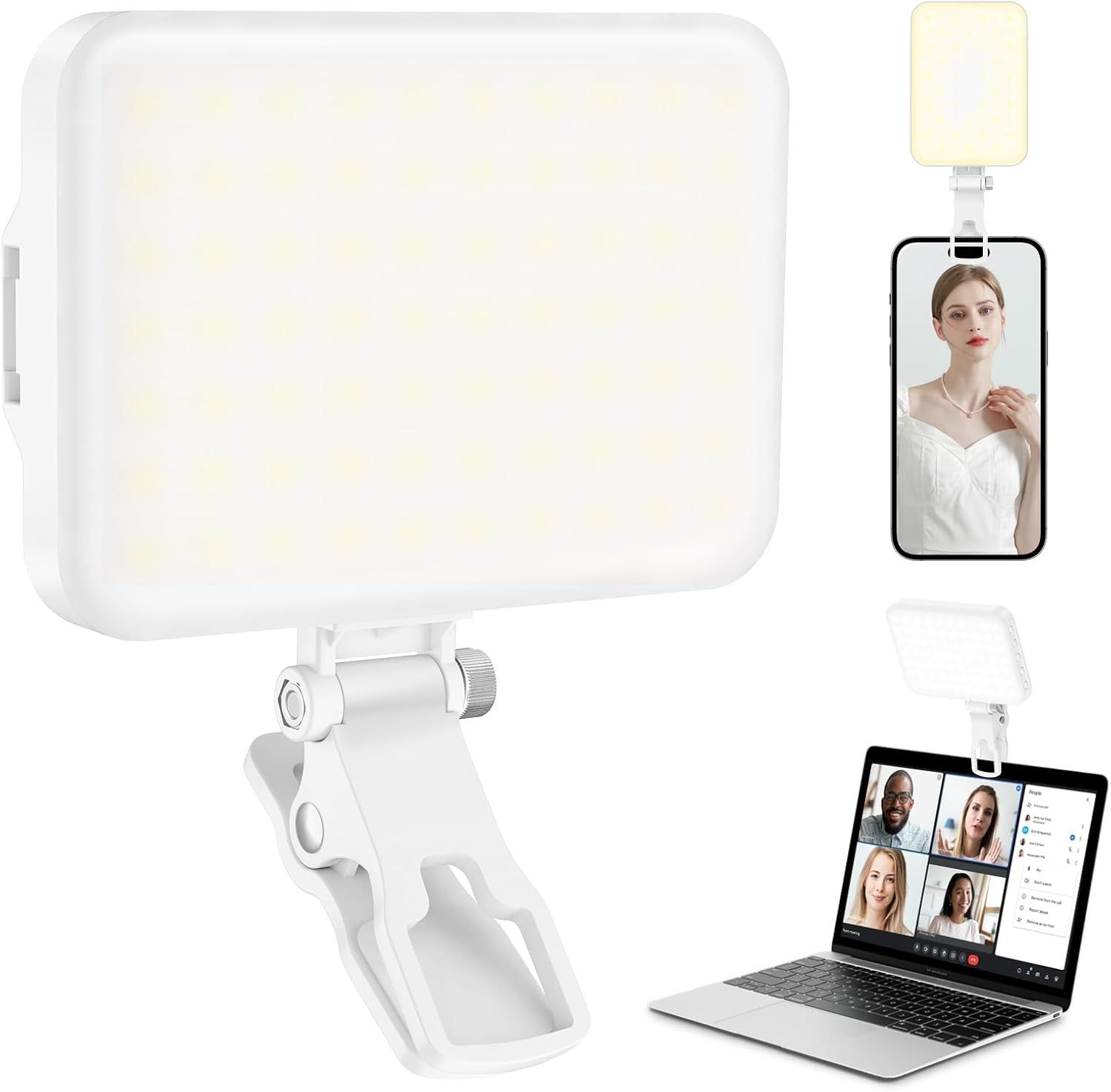 Shows the core sellable product, a clip-on LED light panel with adjustable mount, clearly displaying its design and form factor to help shoppers understand what they are purchasing. Demonstrates how…