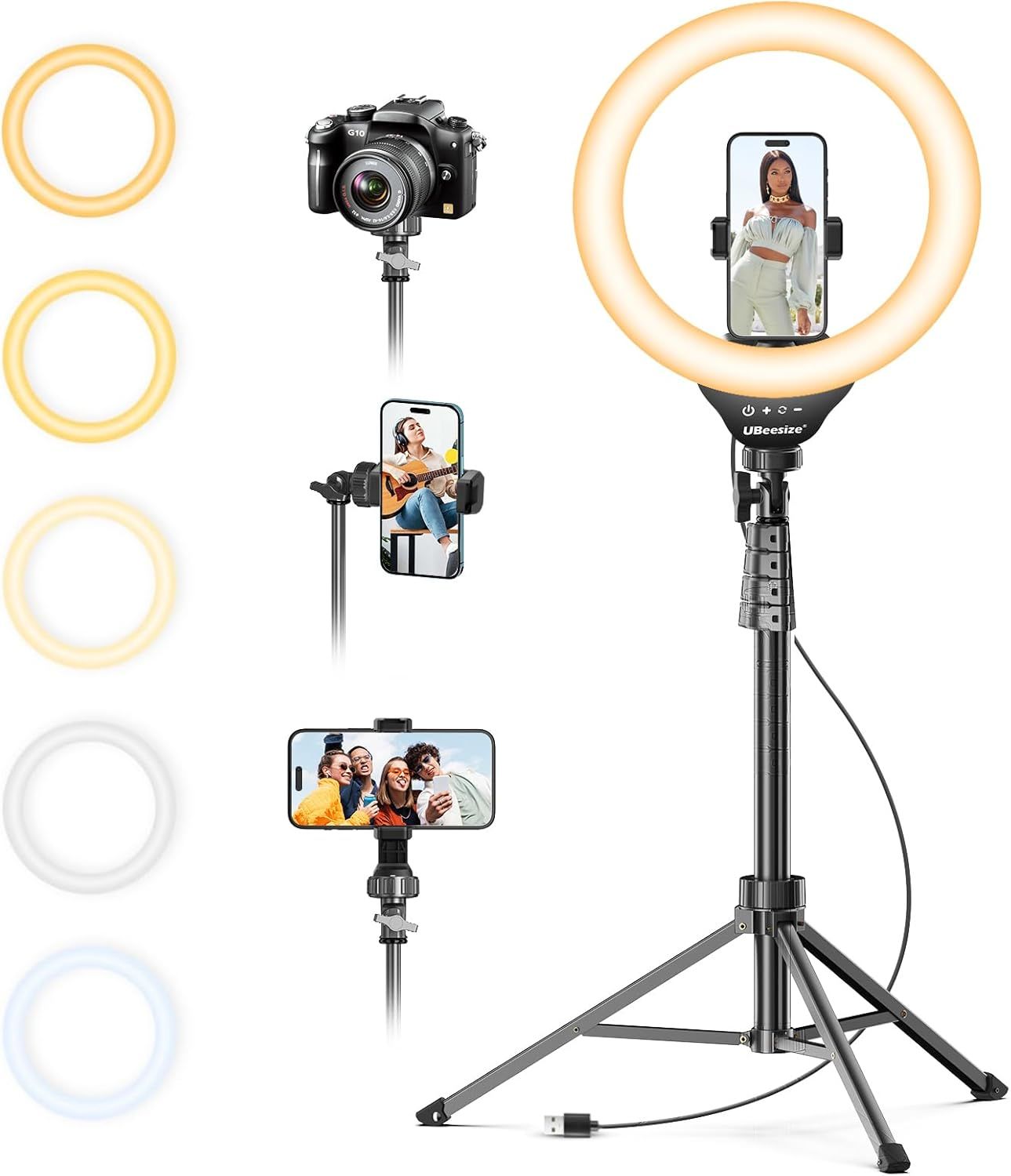 Shows the complete ring light kit with tripod stand and phone holder, demonstrating what the buyer receives and how the product looks when assembled and ready to use. Demonstrates the ring light's…