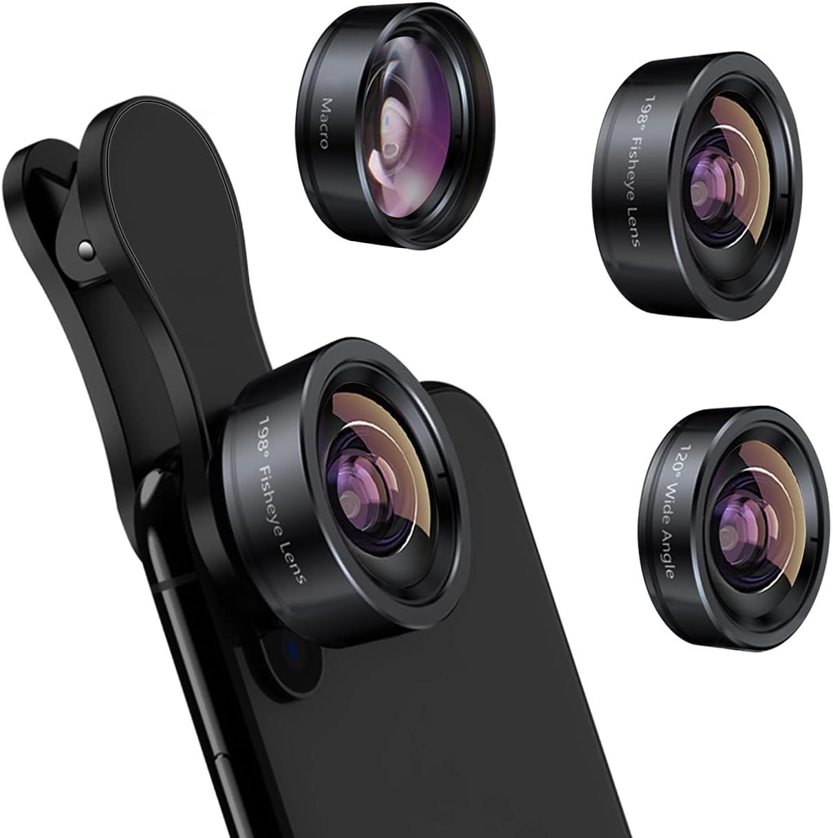 Shows the core product—a set of clip-on smartphone camera lenses—along with the attachment mechanism, communicating the variety of lens types included and how they attach to a phone. Displays…