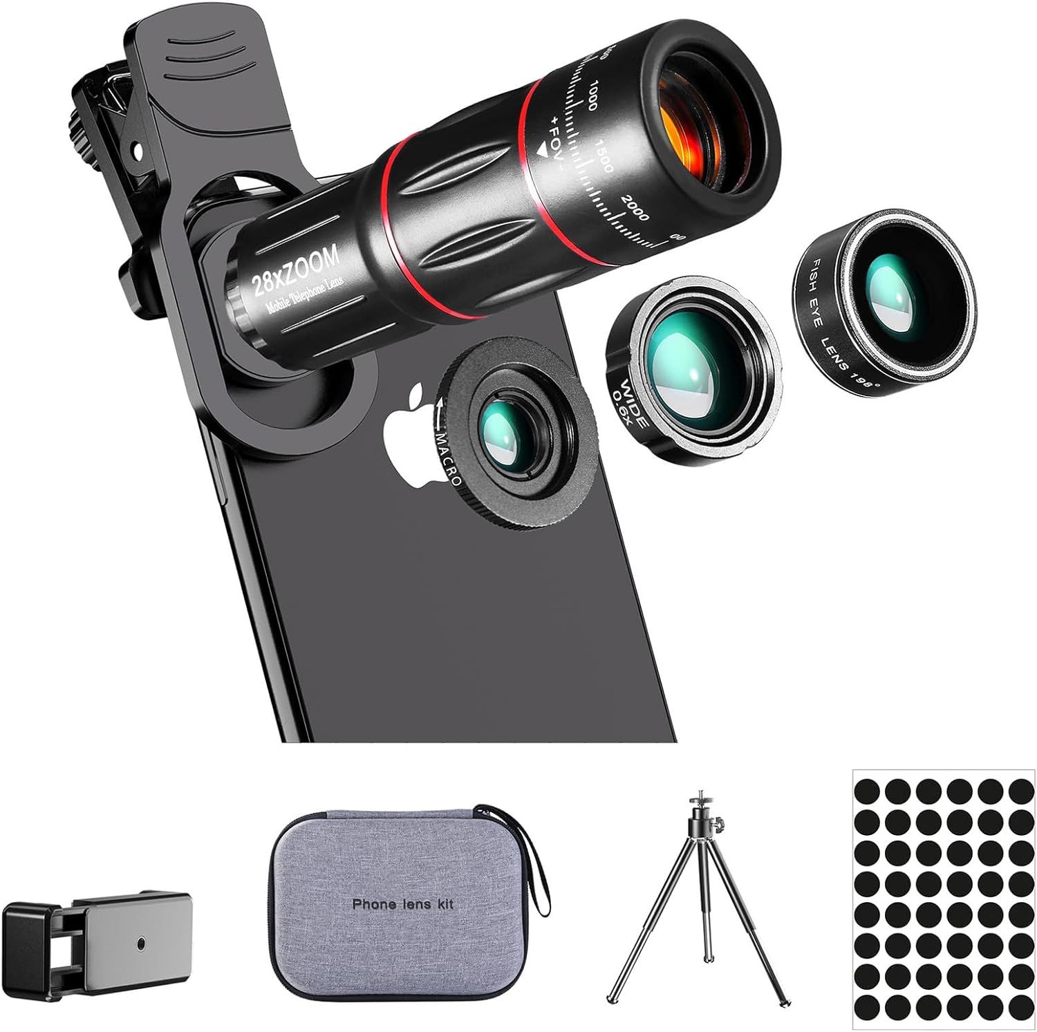 Displays the complete phone lens kit including a 28x zoom telephoto lens, wide-angle, macro, and fisheye lenses to show shoppers the variety of photography options included in the purchase. Shows…