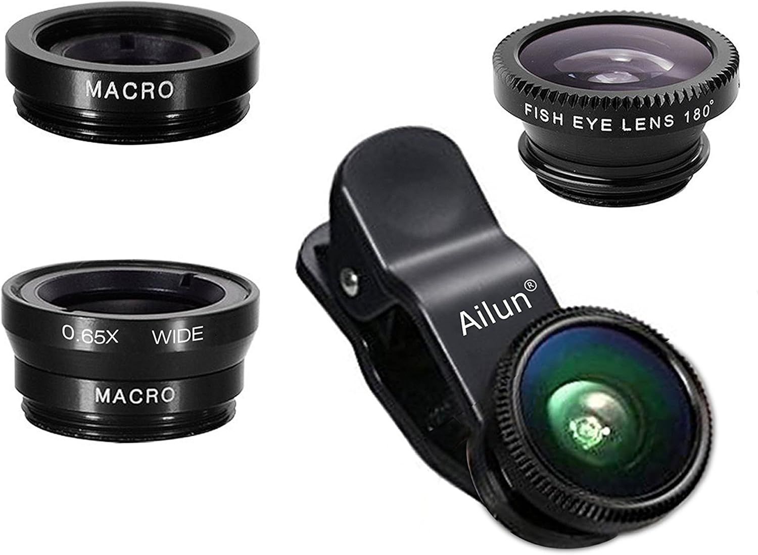 Shows the complete lens kit with all included lens types (macro, wide, fisheye) and the clip-on attachment mechanism to help shoppers understand what they are purchasing and how the product works.…