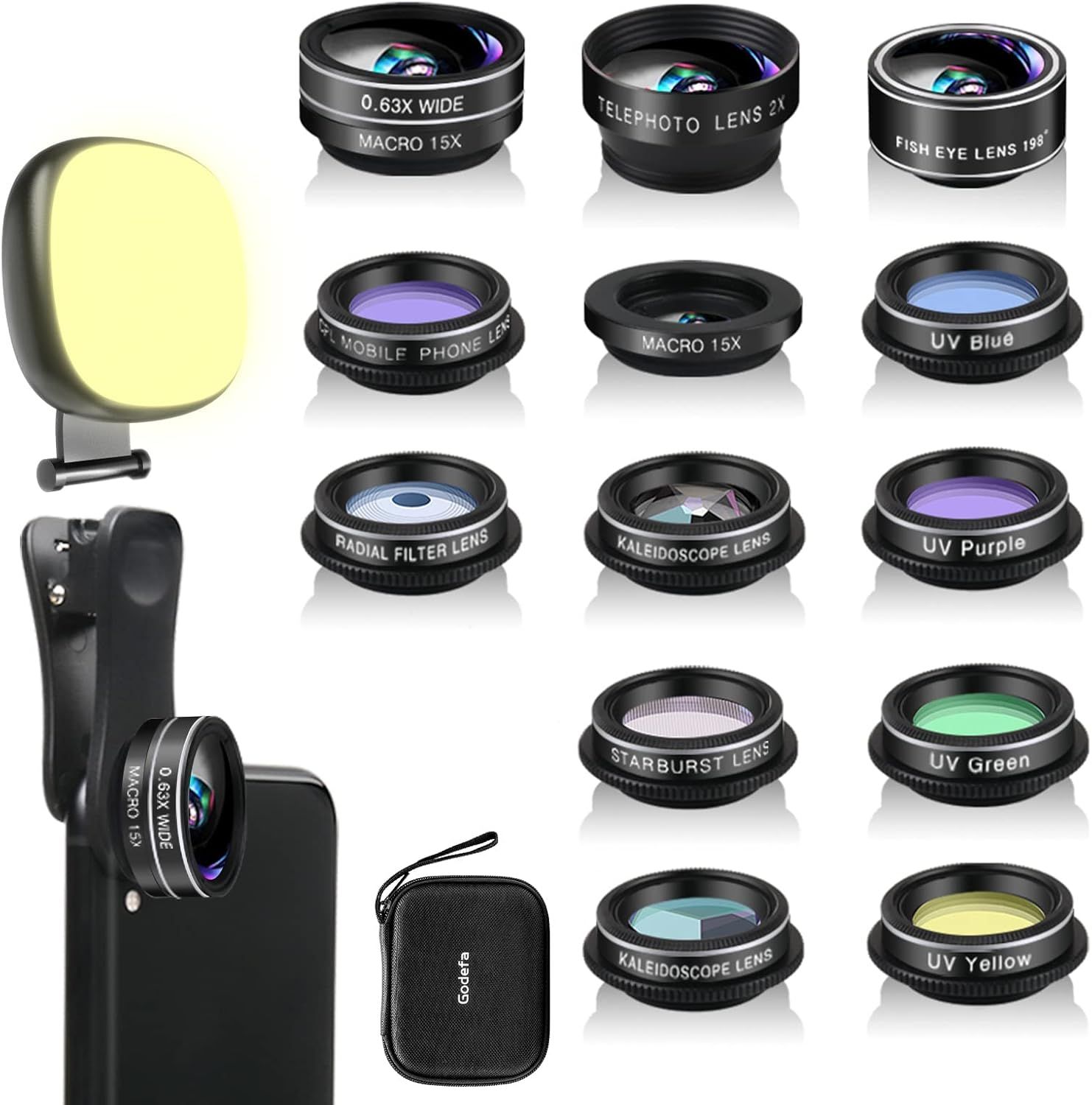 Displays the complete mobile phone lens kit with all included lens options and accessories to show shoppers the variety and completeness of the set. Shows all the included accessories and components…