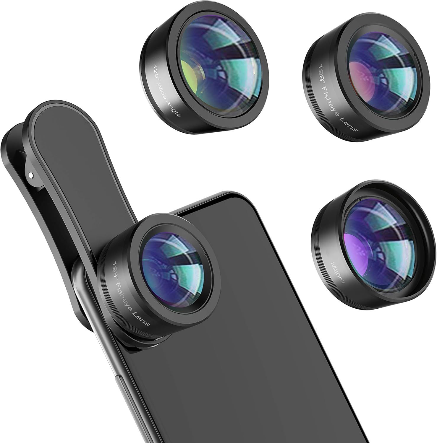 Shows the core product—a set of clip-on smartphone camera lenses—along with multiple lens types to communicate versatility and the variety included in the purchase. Displays multiple distinct lens…