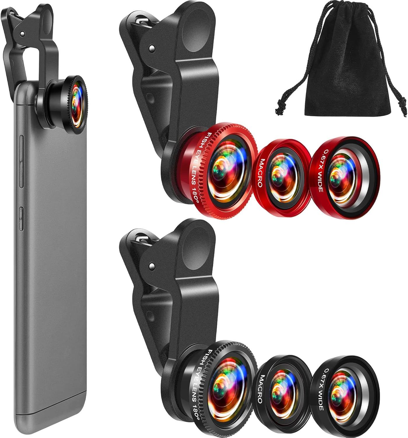 Displays the complete camera lens kit with clip-on attachment and multiple lens options to show shoppers exactly what they will receive and how the product attaches to their phone. Shows all…