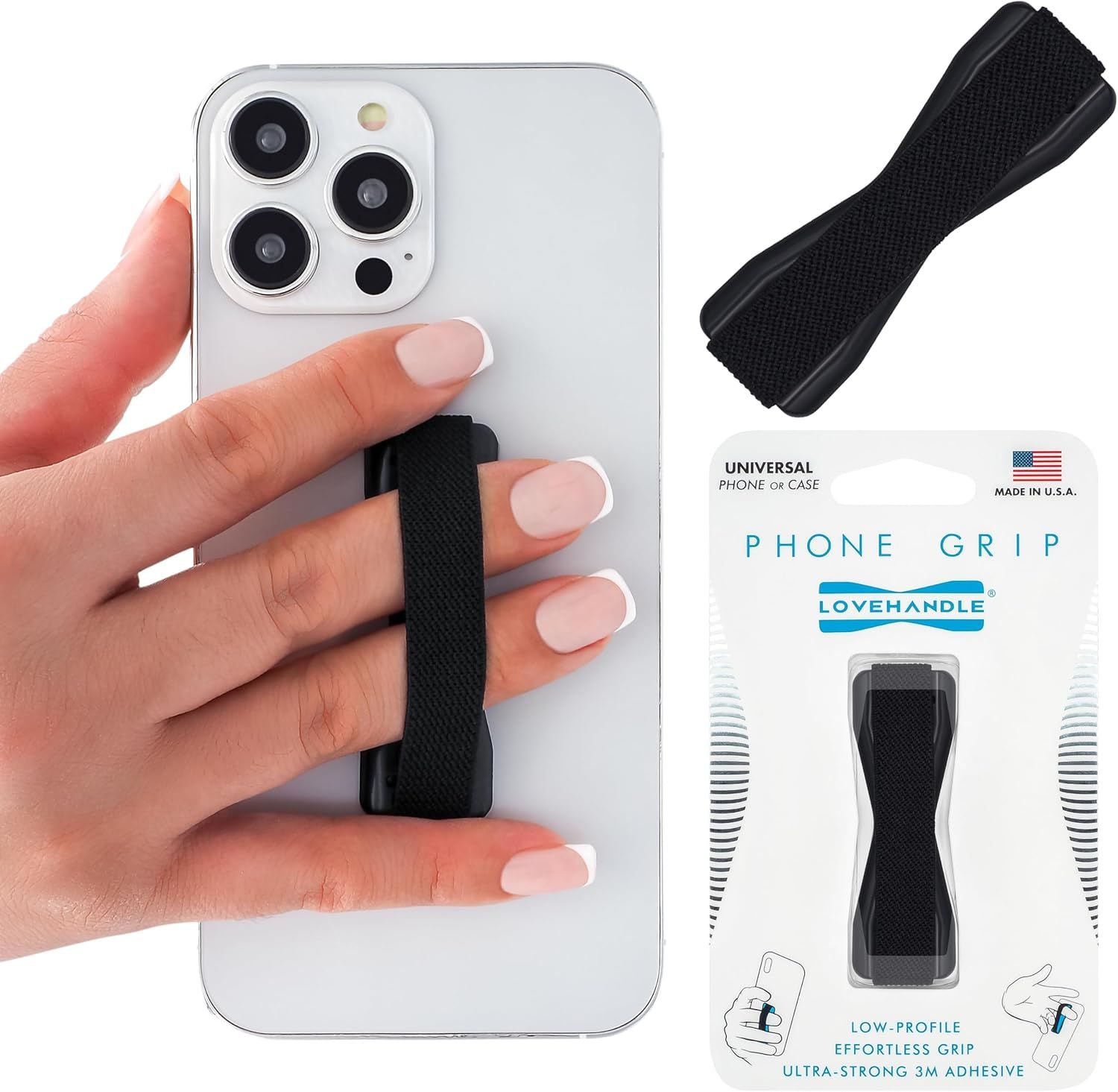 Demonstrates how the phone grip strap fits comfortably between fingers to provide a secure, one-handed hold of the phone, reassuring shoppers about ease of use and drop prevention. Shows the retail…