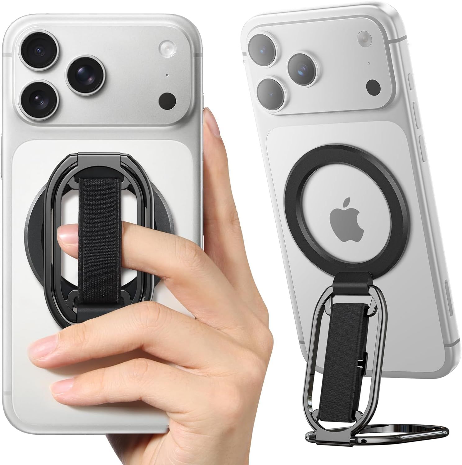 Shows a person holding the phone with the grip accessory to demonstrate how it provides a secure, comfortable hold and improves one-handed use. Demonstrates the product in use with the finger strap…