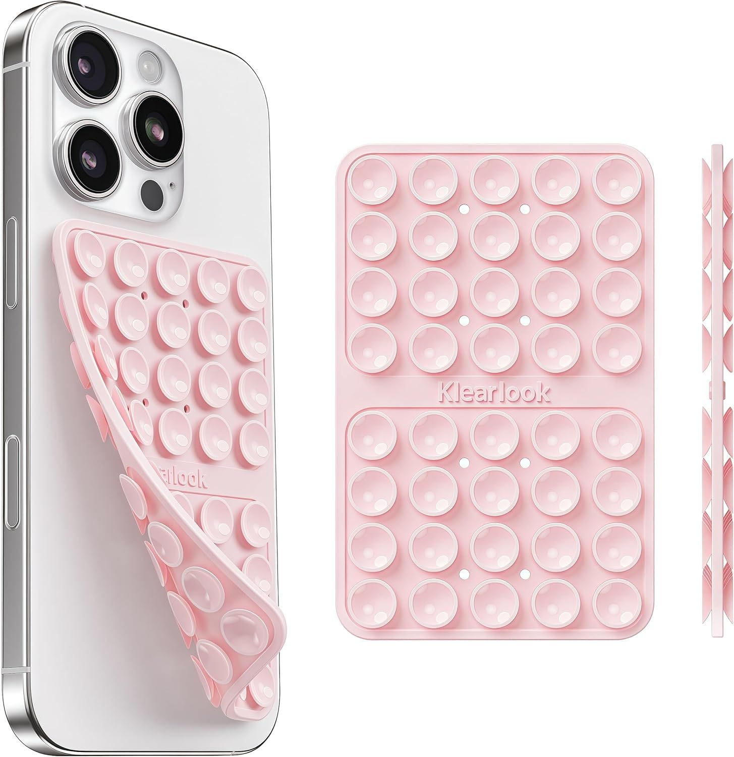 Shows the core product, a pink bubble-textured phone case by Klearlook, displayed on a smartphone and as standalone views to communicate its design and fit.