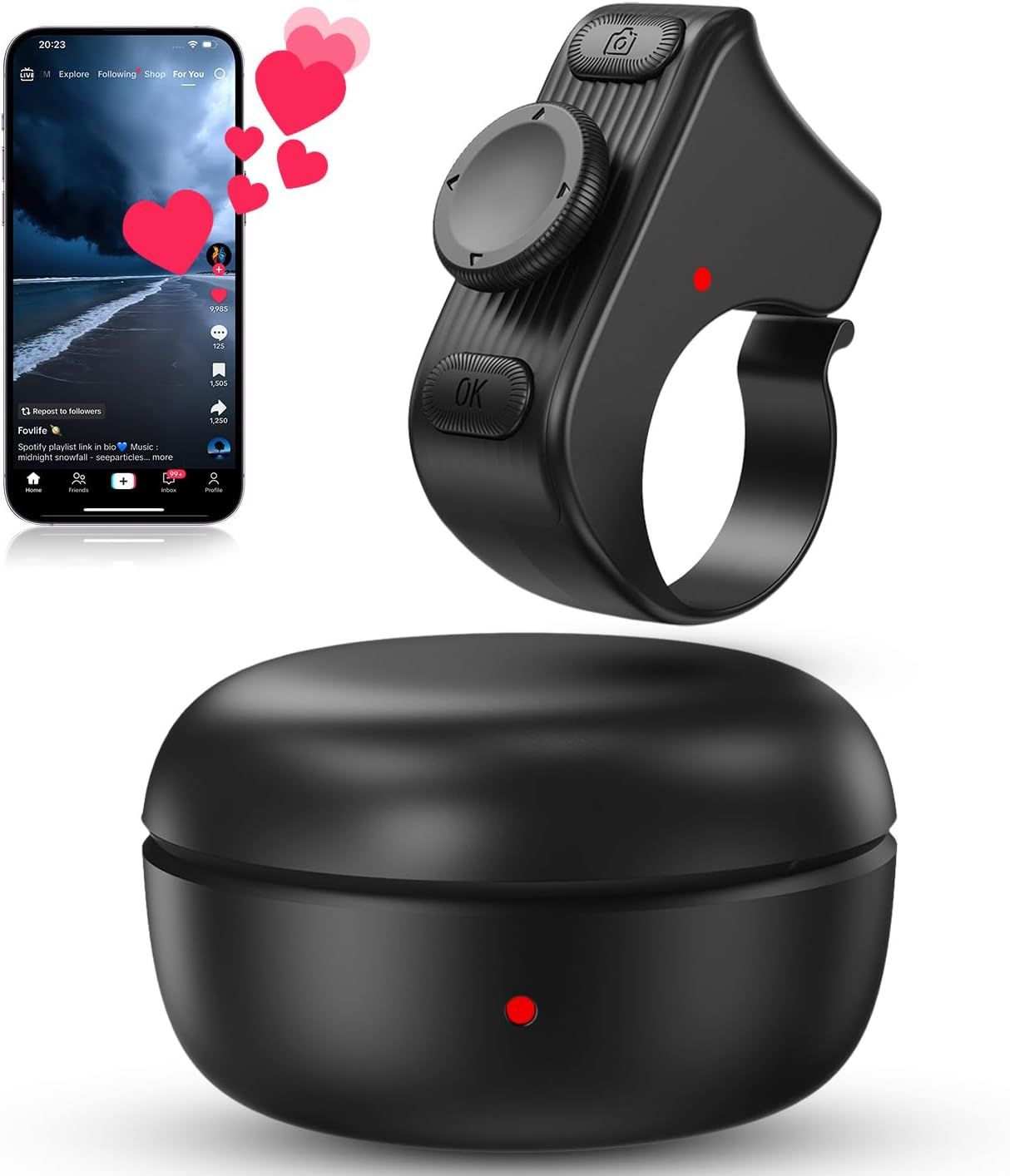 Shows the core sellable product - a wearable ring remote control and its charging case - clearly displayed to help shoppers understand what they will receive. Uses graphic overlays of hearts and a…