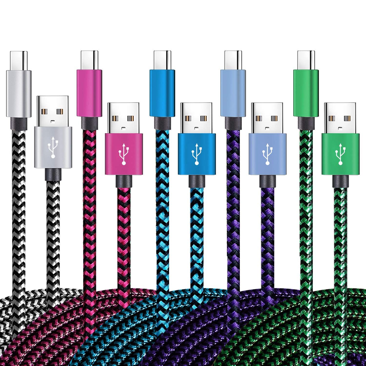 Displays multiple color variants of the USB cable to show shoppers the available color choices they can select from. Shows the core product clearly with its braided cable design and USB connectors…