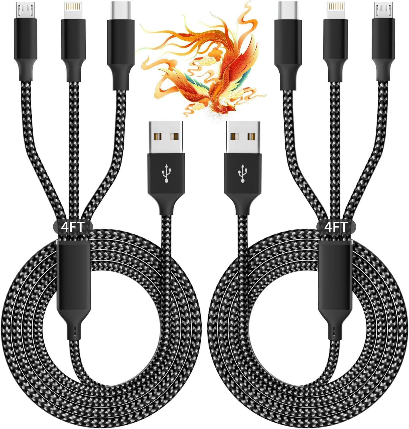 Shows the core product - two multi-connector USB charging cables with braided construction, displaying the various connector types (Micro-USB, Lightning, USB-C) and USB-A ends to communicate…