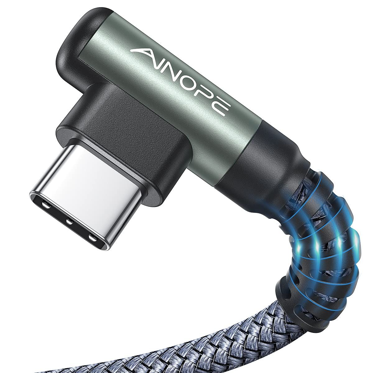 Shows the core product—a right-angle USB-C cable with braided construction—to communicate its design, connector type, and quality to shoppers. Uses a subtle drop shadow beneath the product to give…