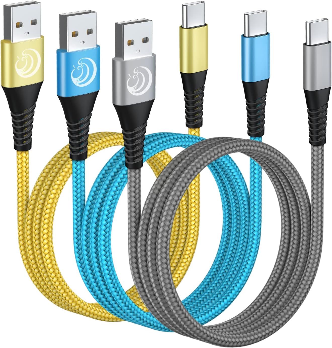 Displays the core product clearly showing USB-A to USB-C charging cables with durable braided construction available in multiple colors. Shows shoppers the available color variations they can choose…