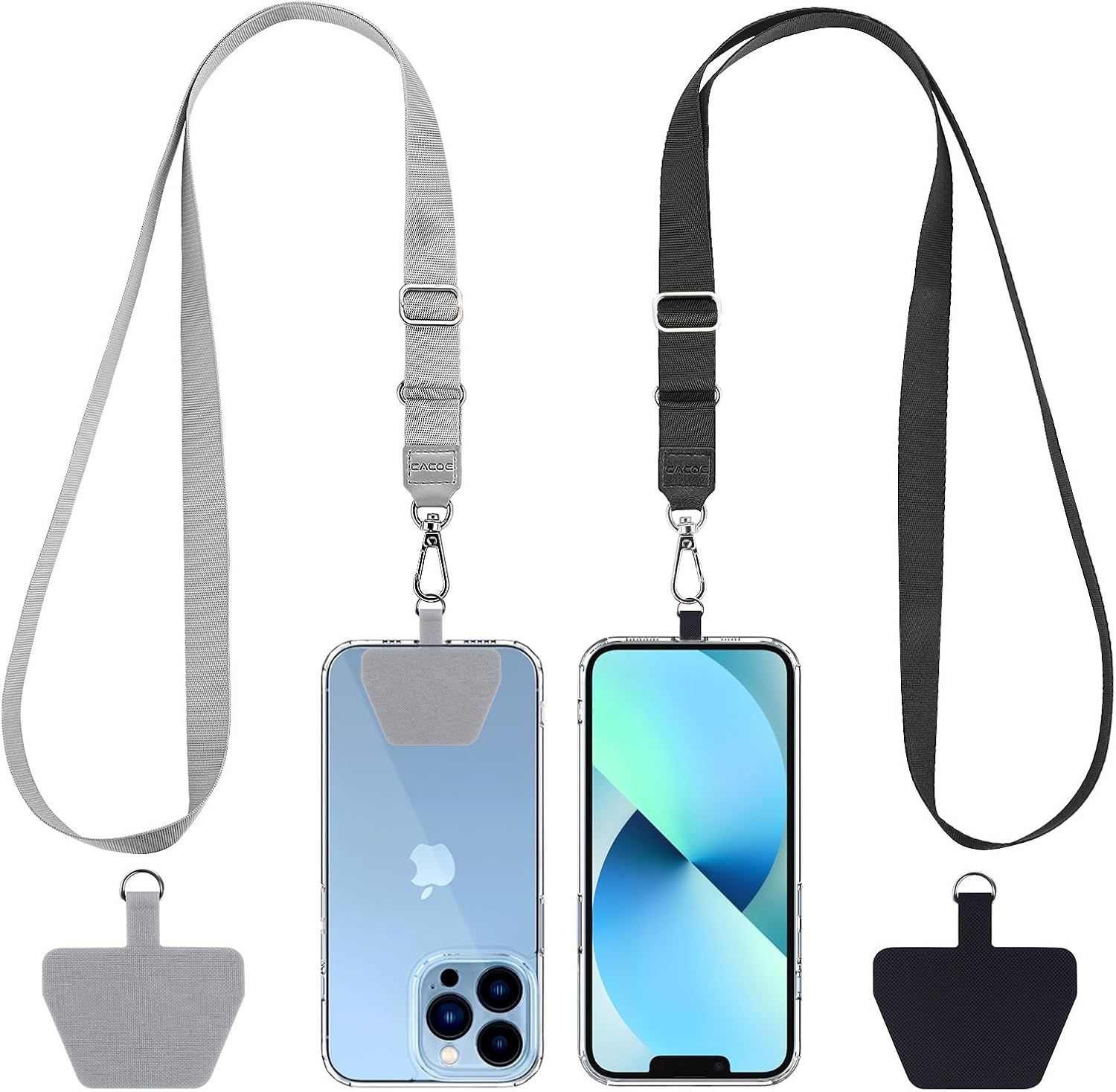 Shows the core product clearly - phone lanyard straps with attachment clips in two color variants (gray and black), demonstrating how they attach to phones and their adjustable design. Displays two…