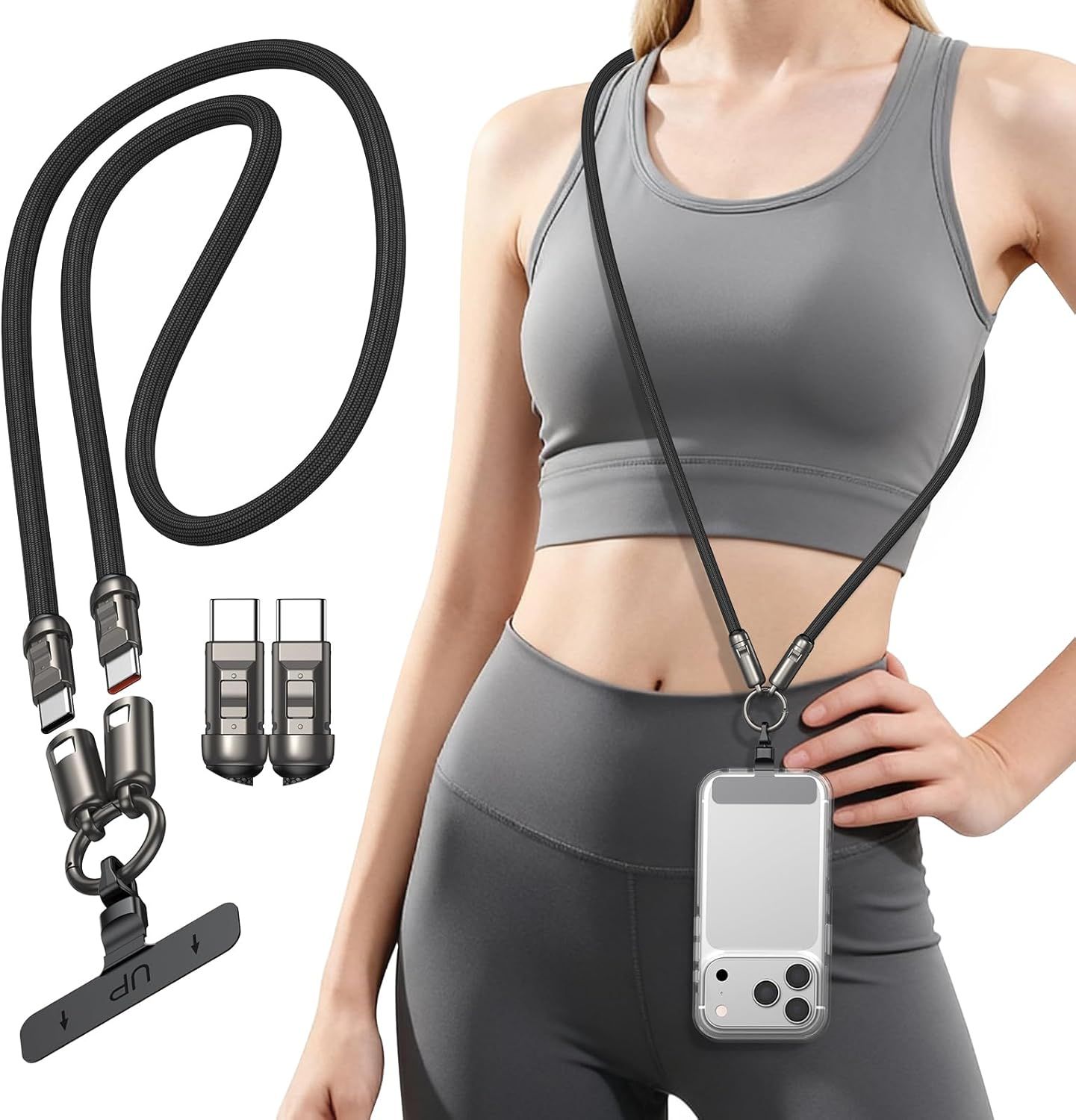Shows the core product—a phone lanyard strap with adjustable connectors and attachments—both as individual components and in use, helping shoppers understand what they will receive and how it looks…