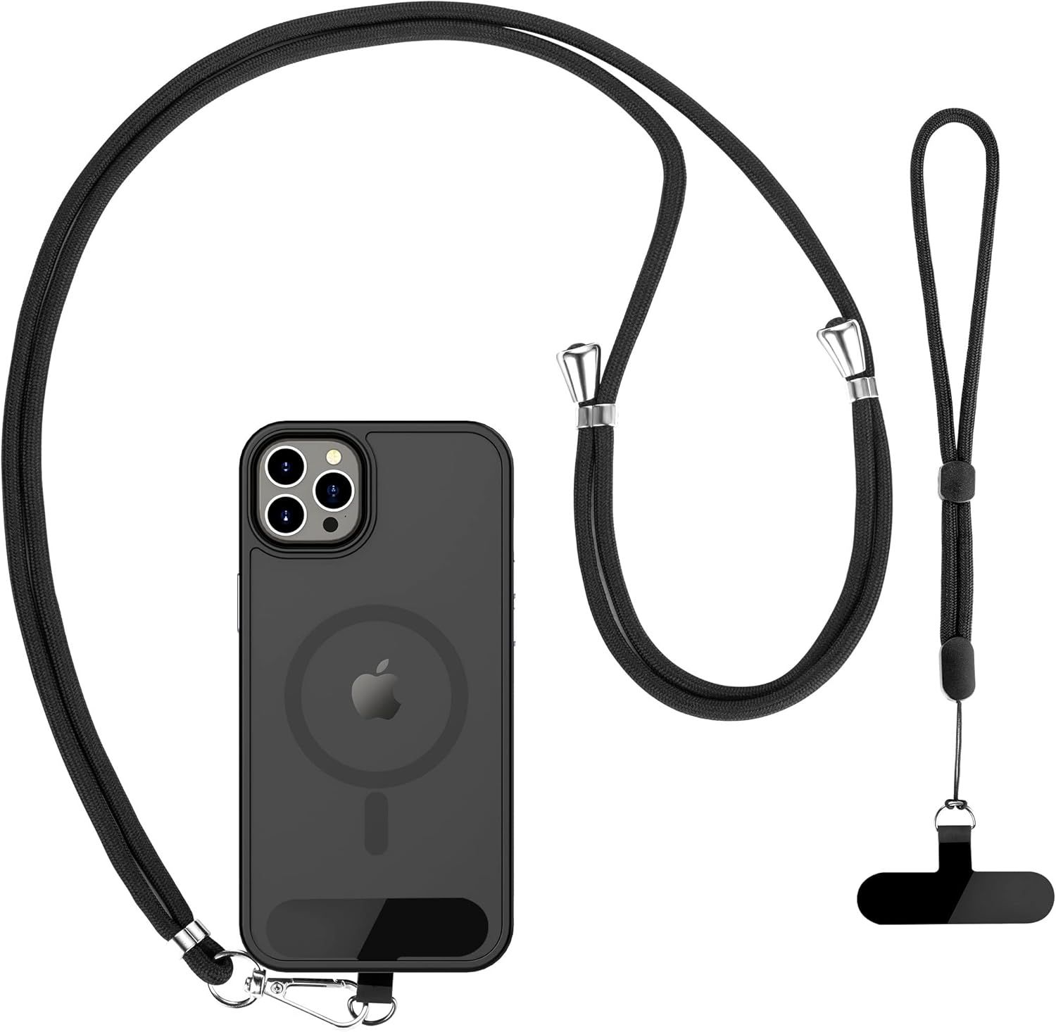 Shows the core product - a phone case with an attached crossbody lanyard strap - to communicate what the buyer will receive and how it can be worn hands-free. Displays the included accessory strap…