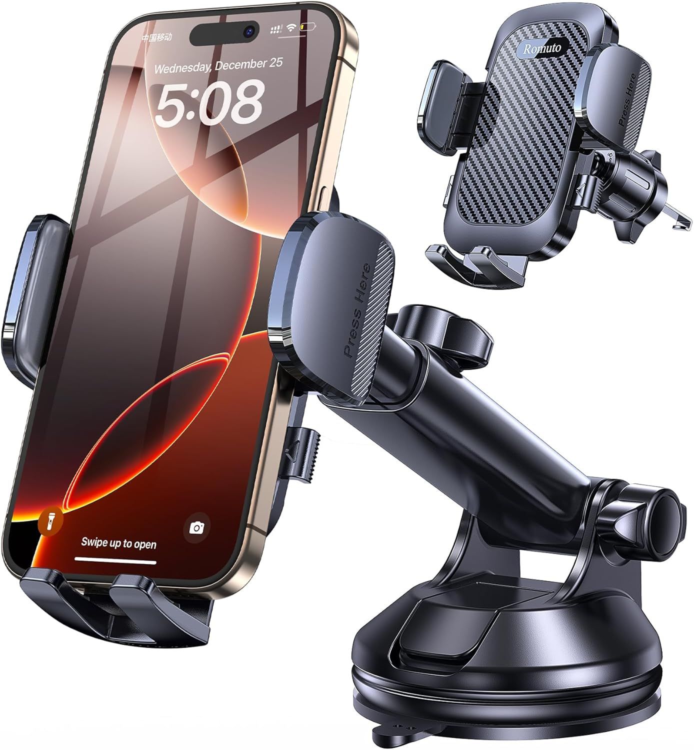 Shows the core product—a car phone mount with adjustable arms—clearly displayed with a smartphone to demonstrate fit and scale, reassuring shoppers of its functionality and compatibility. Displays…