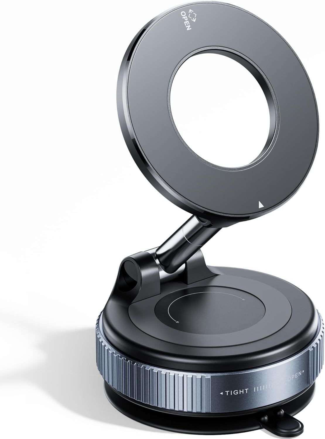 Shows the core product with its distinctive circular ring design and adjustable hinge mechanism to communicate its form factor and mounting flexibility. Demonstrates the product's adjustable hinge…