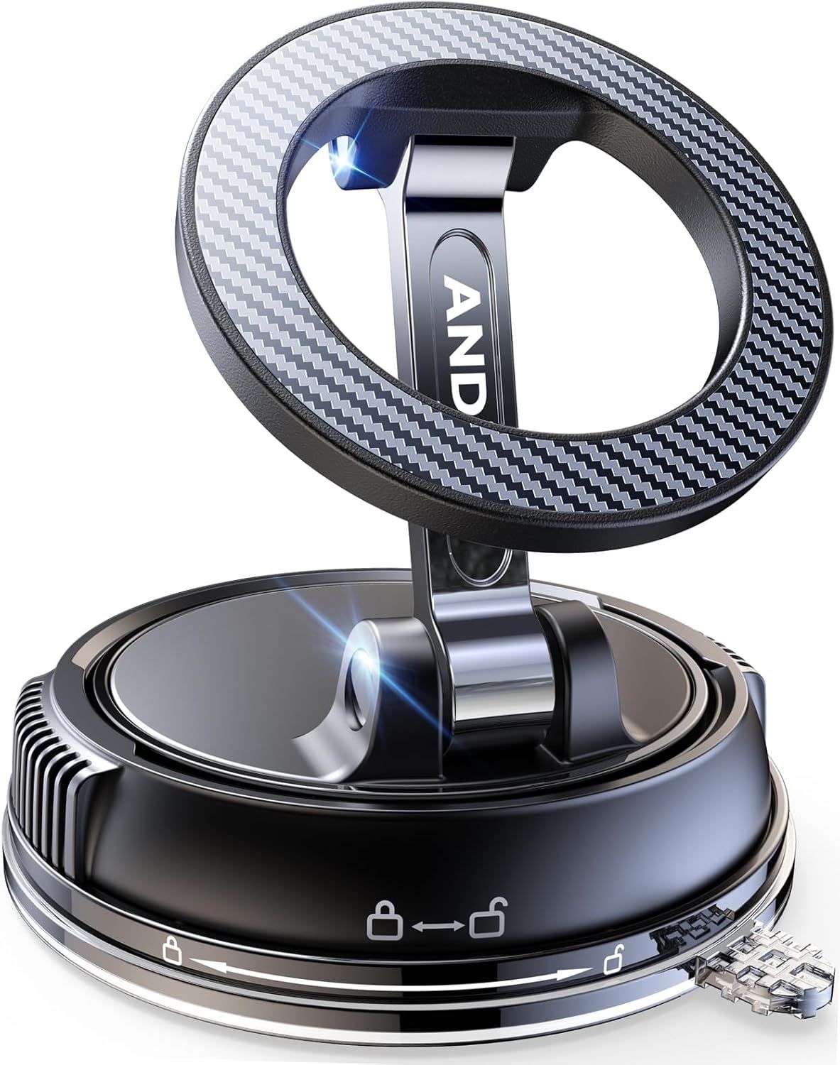 Showcases the core product, a premium magnetic phone mount with carbon fiber texture and metal construction, emphasizing its quality materials and adjustable rotating mechanism to reassure shoppers…