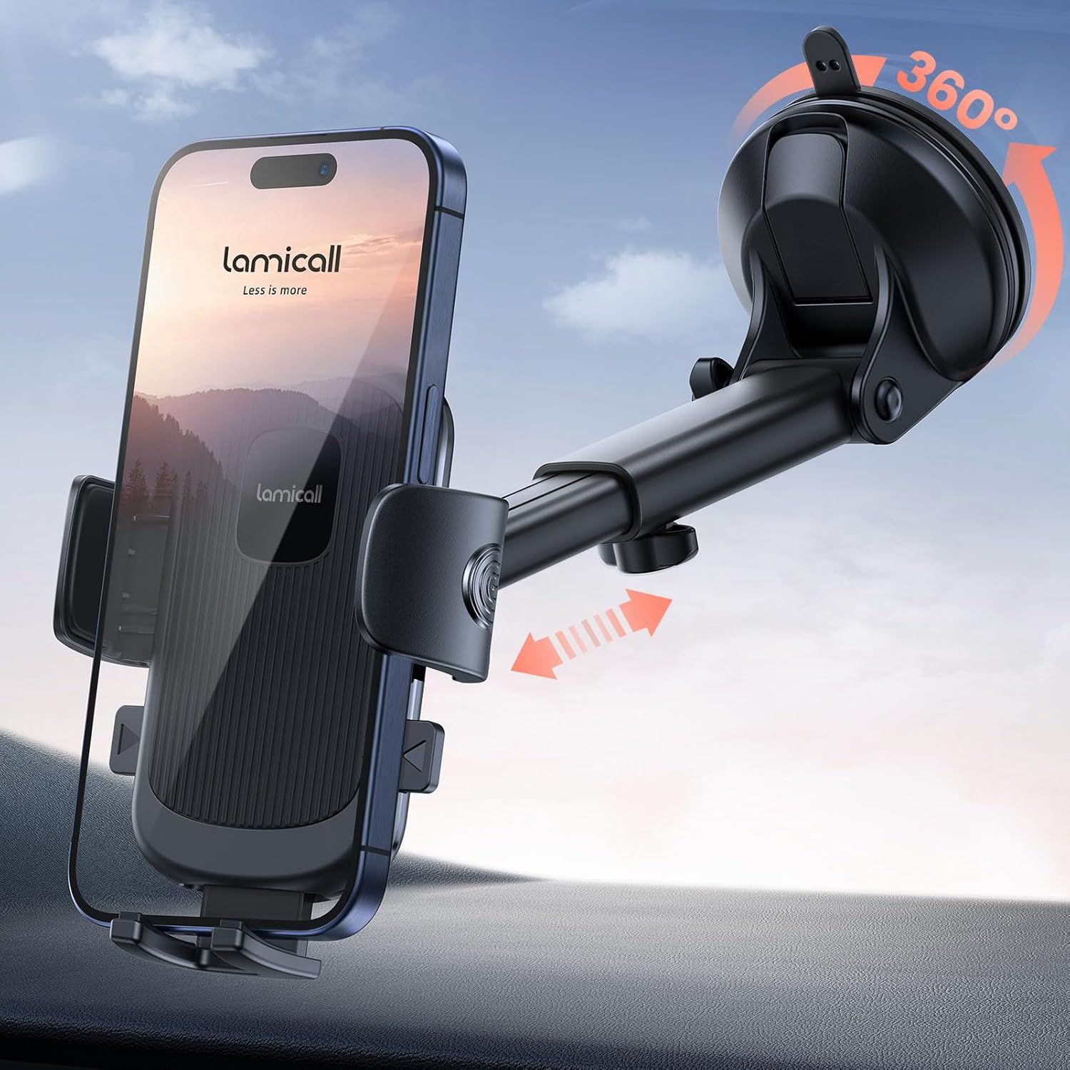 Shows the car phone mount product with its key features including the adjustable arm and 360-degree rotation capability, demonstrating its versatility and functionality for in-car use. Demonstrates…