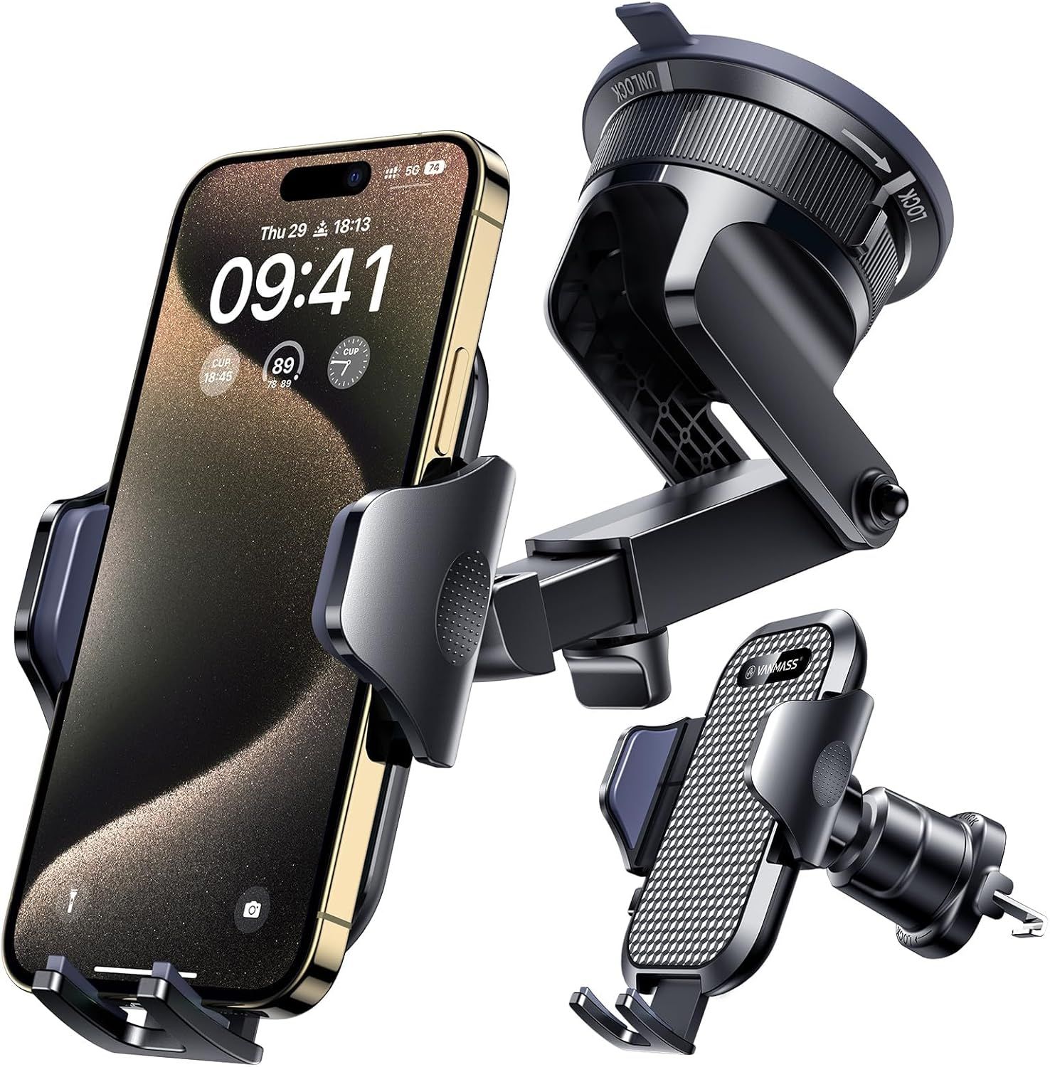 Shows the core product—a car phone mount system with suction cup and vent clip options—to communicate what the buyer receives and how it holds a phone securely. Uses subtle drop shadows beneath each…