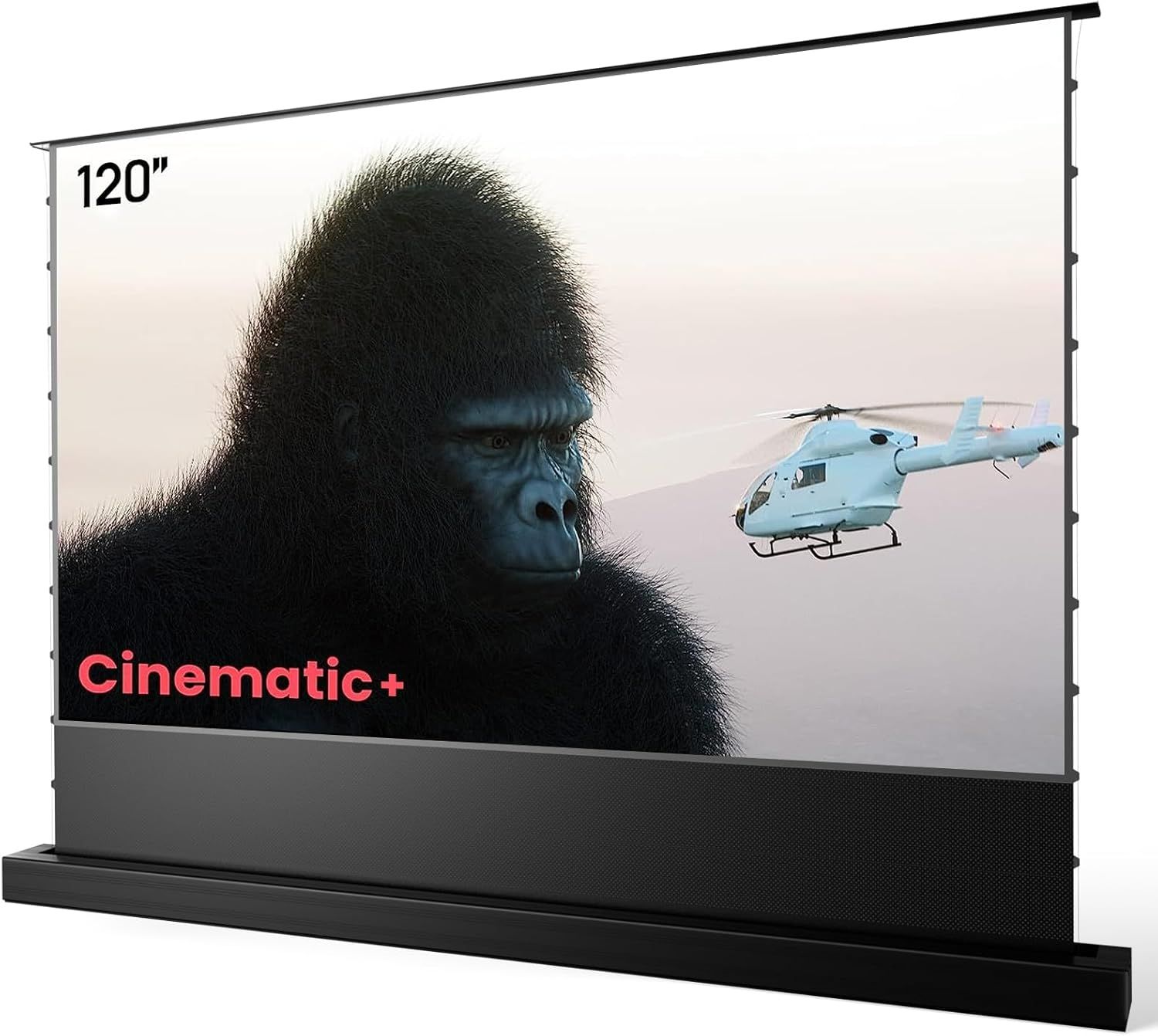 Shows the core product, a 120-inch floor-rising projector screen with a clear view of its size, frame, and base unit, demonstrating what the buyer will receive. Demonstrates the screen actively…