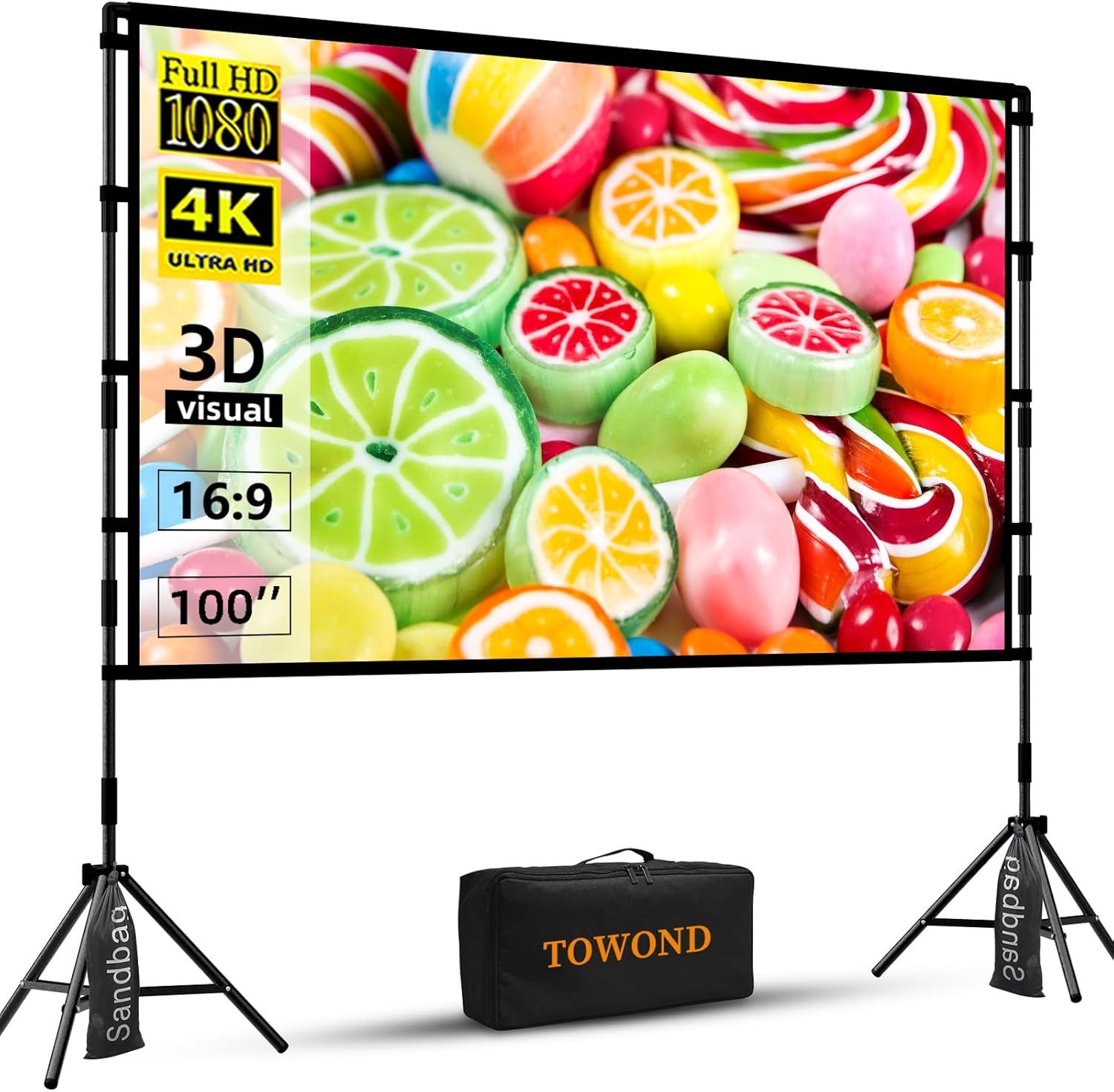 Shows the complete projector screen product with its tripod stand and carrying case to communicate what the buyer will receive. Uses graphic overlays to highlight key technical features like Full HD…