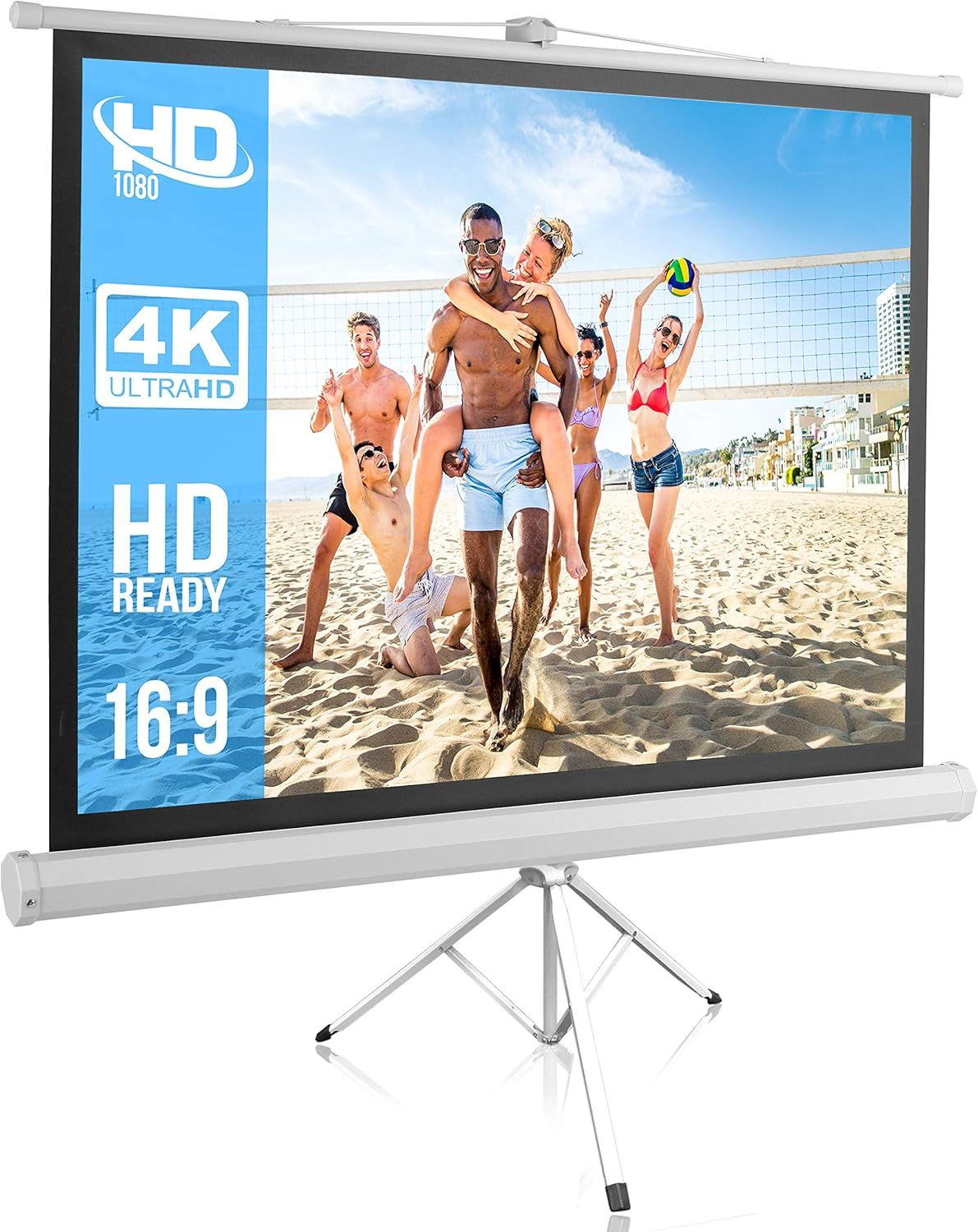Shows the core sellable product—a portable projector screen with tripod stand—displaying a sample image to demonstrate its display quality and use case. Highlights the technical specifications and…