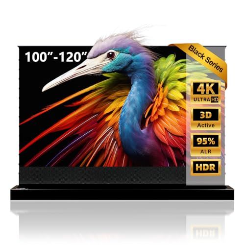 Displays the core product, a retractable projector screen with a vibrant bird image to showcase its high-quality display capabilities and technical specifications. Uses graphic overlays and badges…