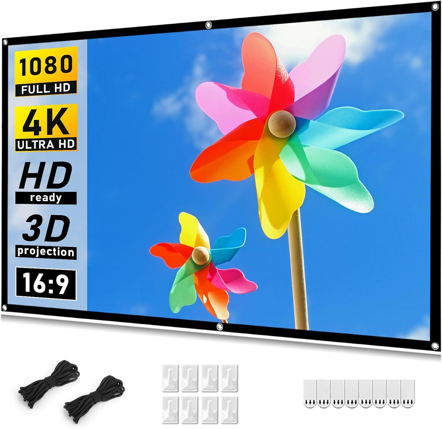 Shows the core sellable product - a projection screen with included mounting accessories - to communicate what the buyer will receive. Displays all included accessories and mounting hardware to…
