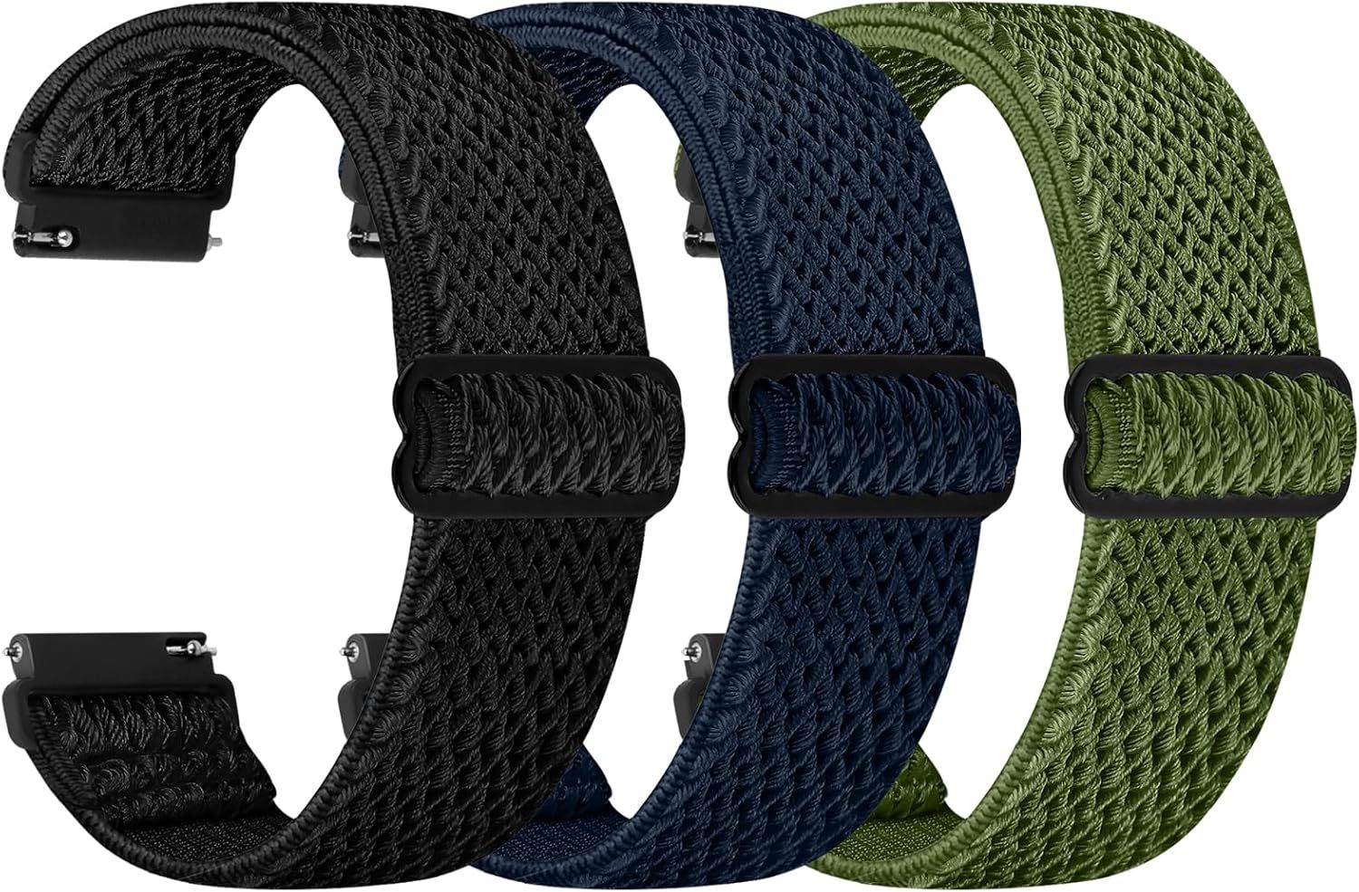 Displays the core product—three watch bands in different colors—clearly showing the braided nylon texture and adjustable buckle design to help shoppers understand what they are purchasing. Shows…