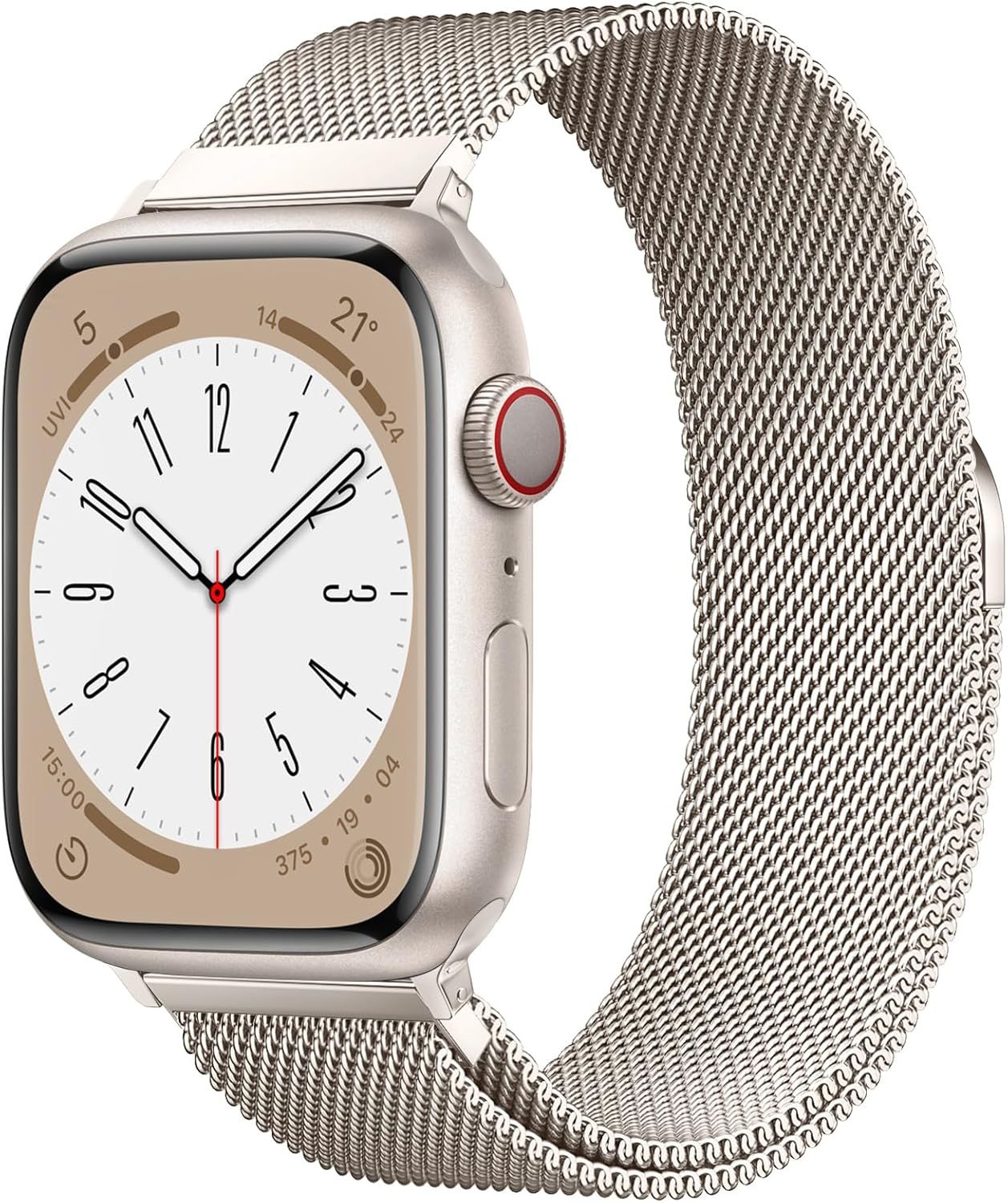 Displays the core product clearly to show the smartwatch design, analog clock face, and premium mesh metal band, helping shoppers understand exactly what they are purchasing.