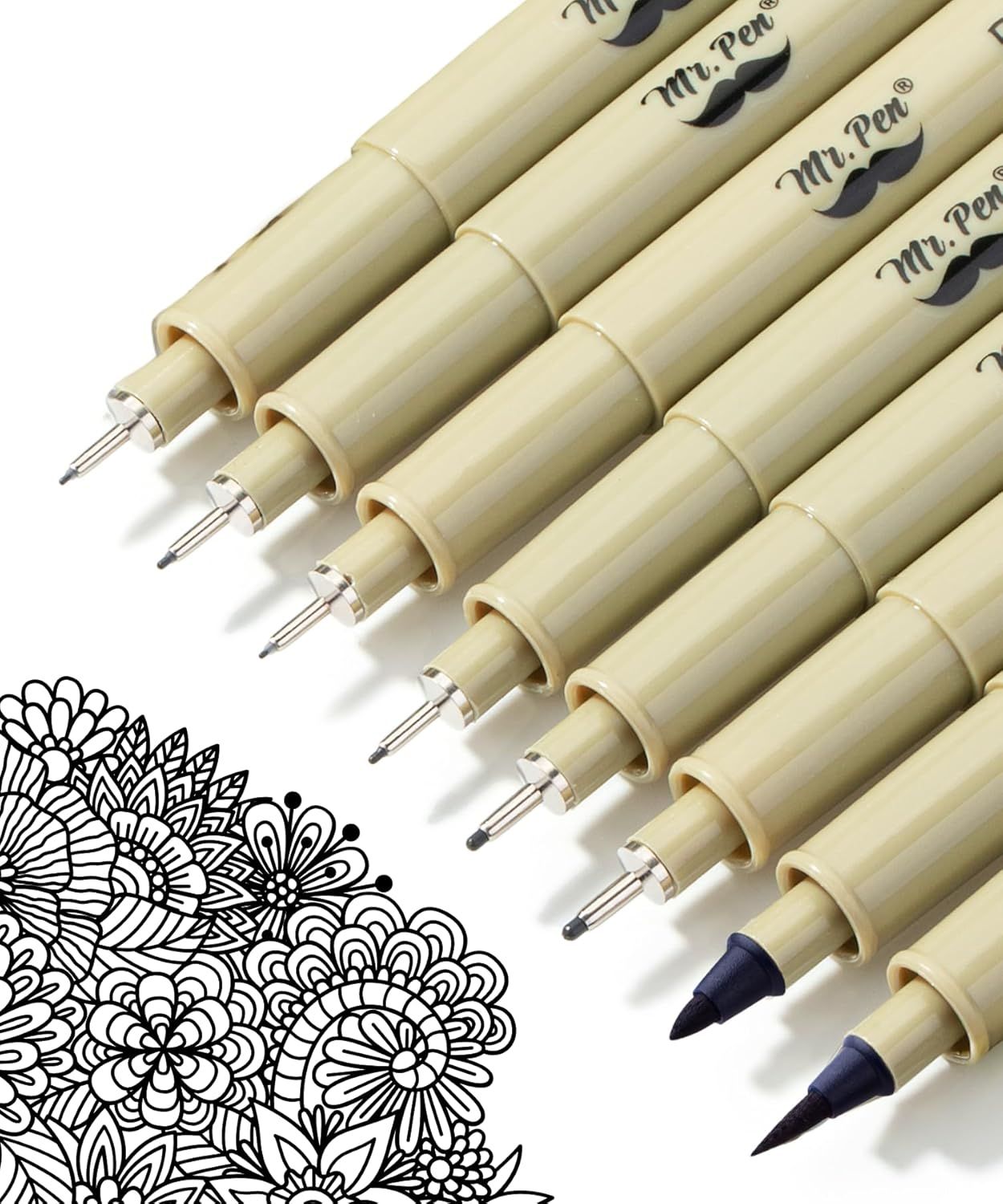 Displays the core product—a set of fine-tip pens in various sizes—to show shoppers the range of line widths available for detailed drawing and writing tasks. Includes a decorative mandala…