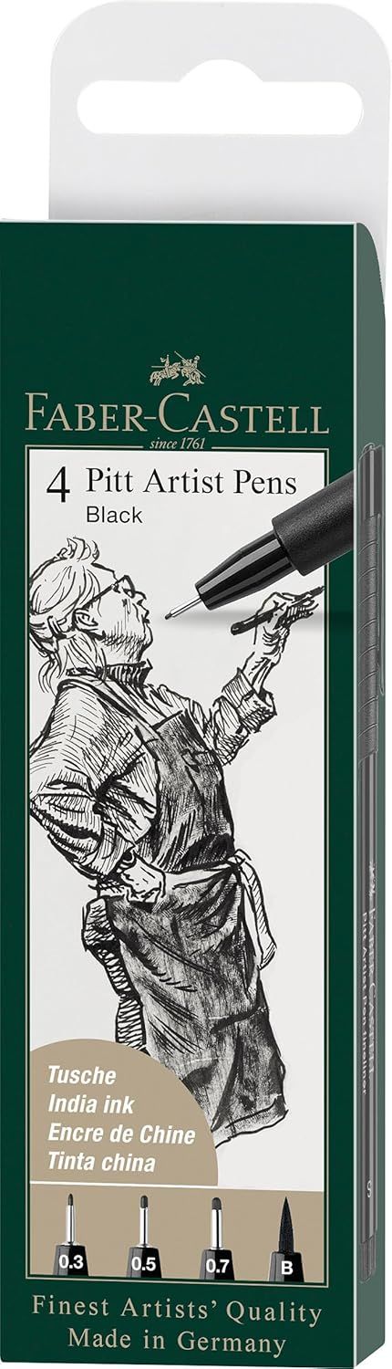 Displays the Faber-Castell Pitt Artist Pens in their retail packaging, showing the product clearly so shoppers can identify the brand, quantity, and type of pens being sold. Shows the physical…