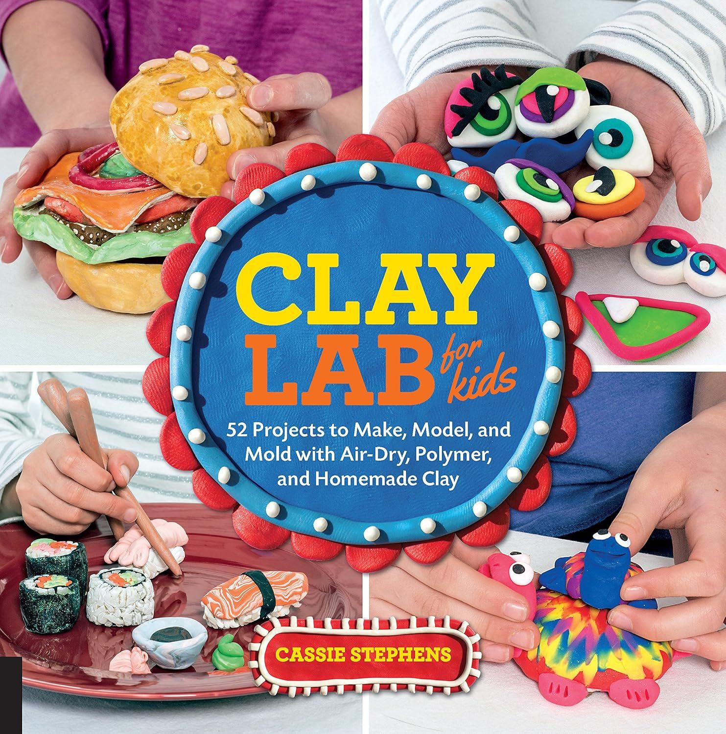 Shows the book cover with multiple clay project examples to communicate the variety and creative possibilities included in the 52-project collection, appealing to parents and kids interested in…