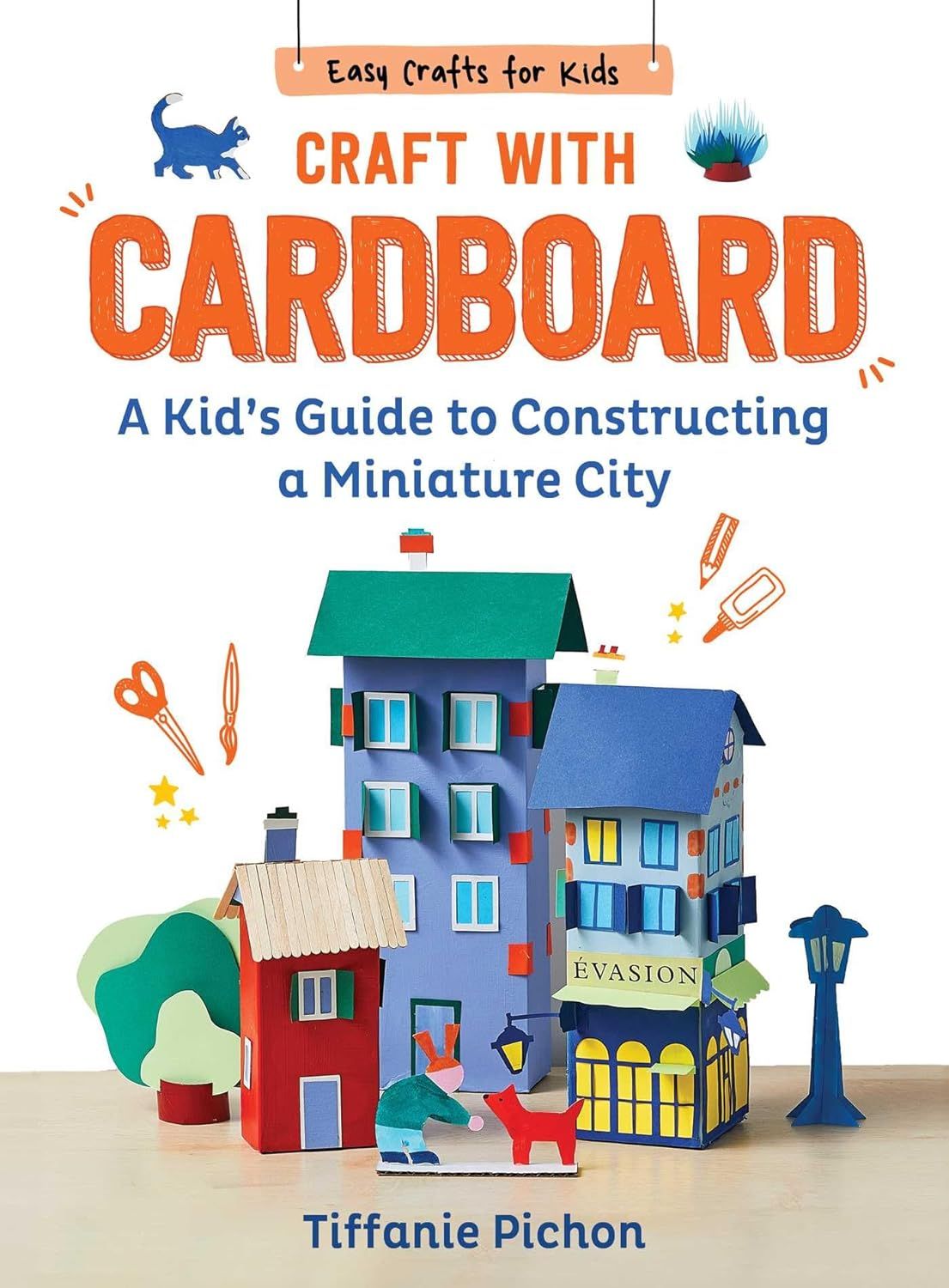 Displays the book cover clearly to show shoppers what they are purchasing, including the title, subtitle, and visual example of the craft projects inside. Shows the finished cardboard city project…
