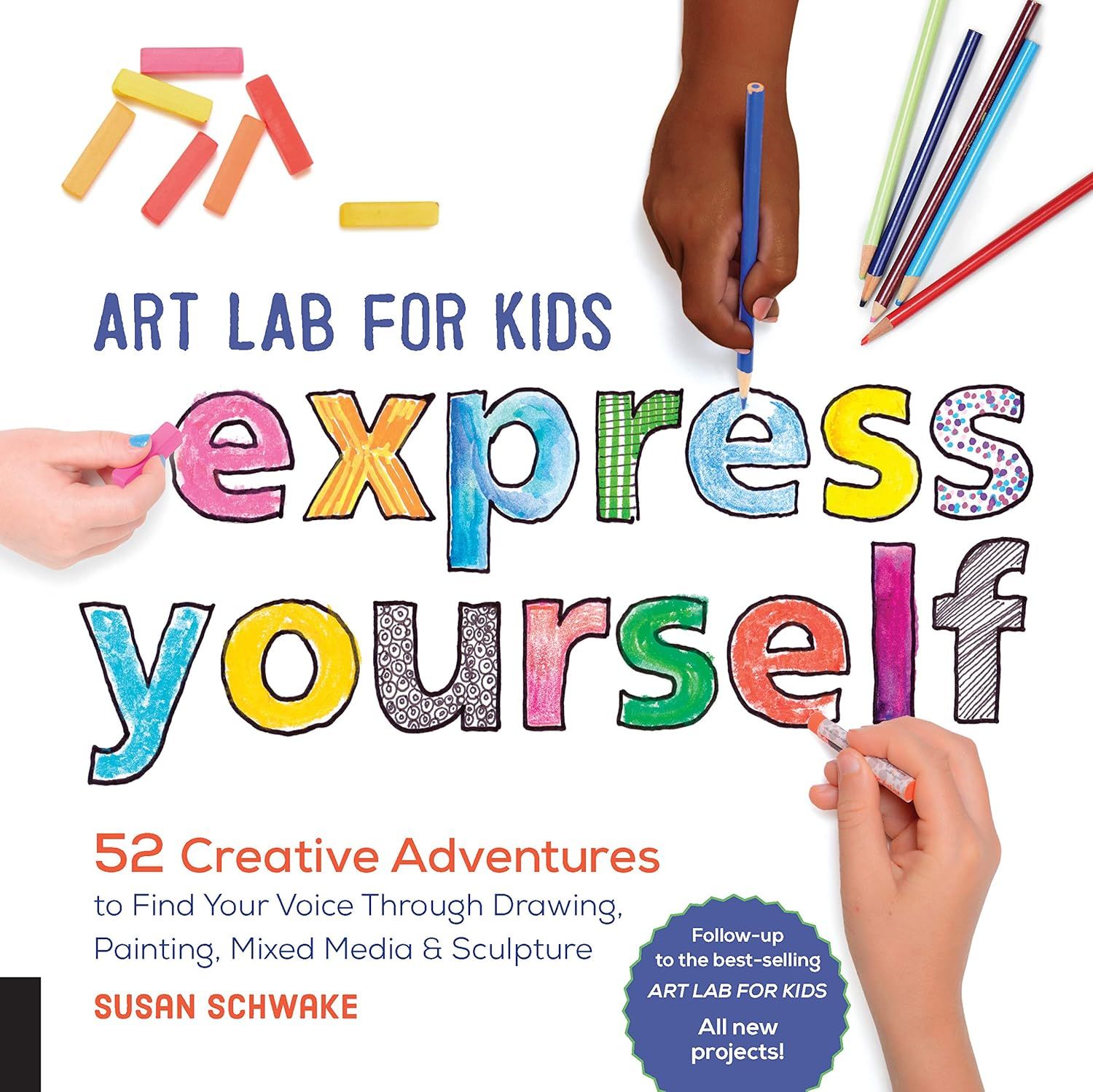 Displays the book cover to show shoppers the product title, author, and theme, communicating that this is a creative art activity book for kids with 52 projects. Shows children's hands actively…