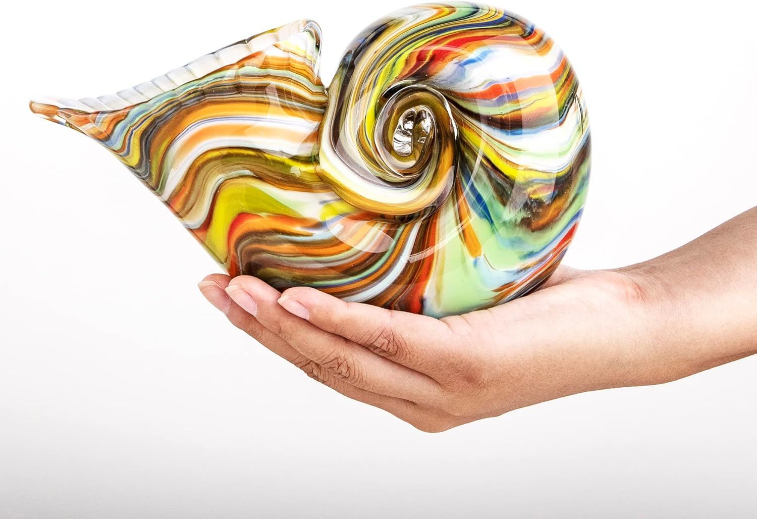 Showcases the colorful, artistic glass sculpture as the core product, emphasizing its unique handcrafted design and visual appeal. Uses a human hand to demonstrate the size and scale of the glass…