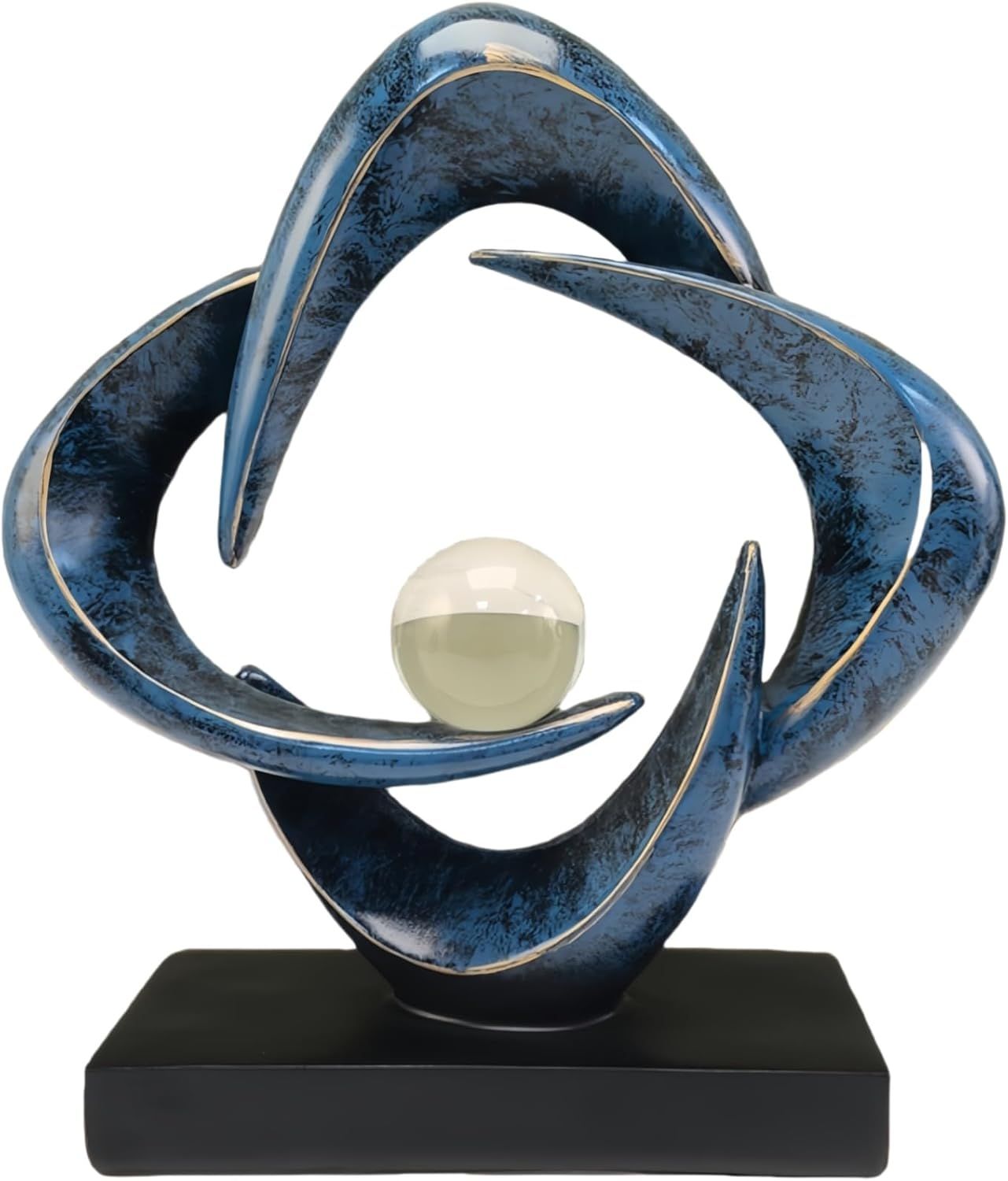 Displays the core decorative sculpture product with its distinctive blue ceramic finish, gold accents, and central sphere to communicate its artistic design and premium quality as a home decor piece.