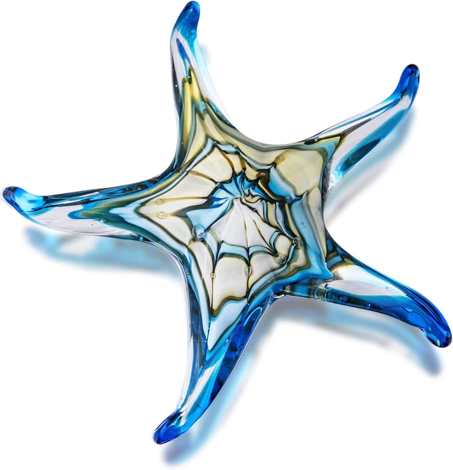 Showcases the core product, a decorative glass starfish figurine with blue and amber swirled colors, allowing shoppers to see the artistic craftsmanship and visual appeal of the item. Uses a subtle…