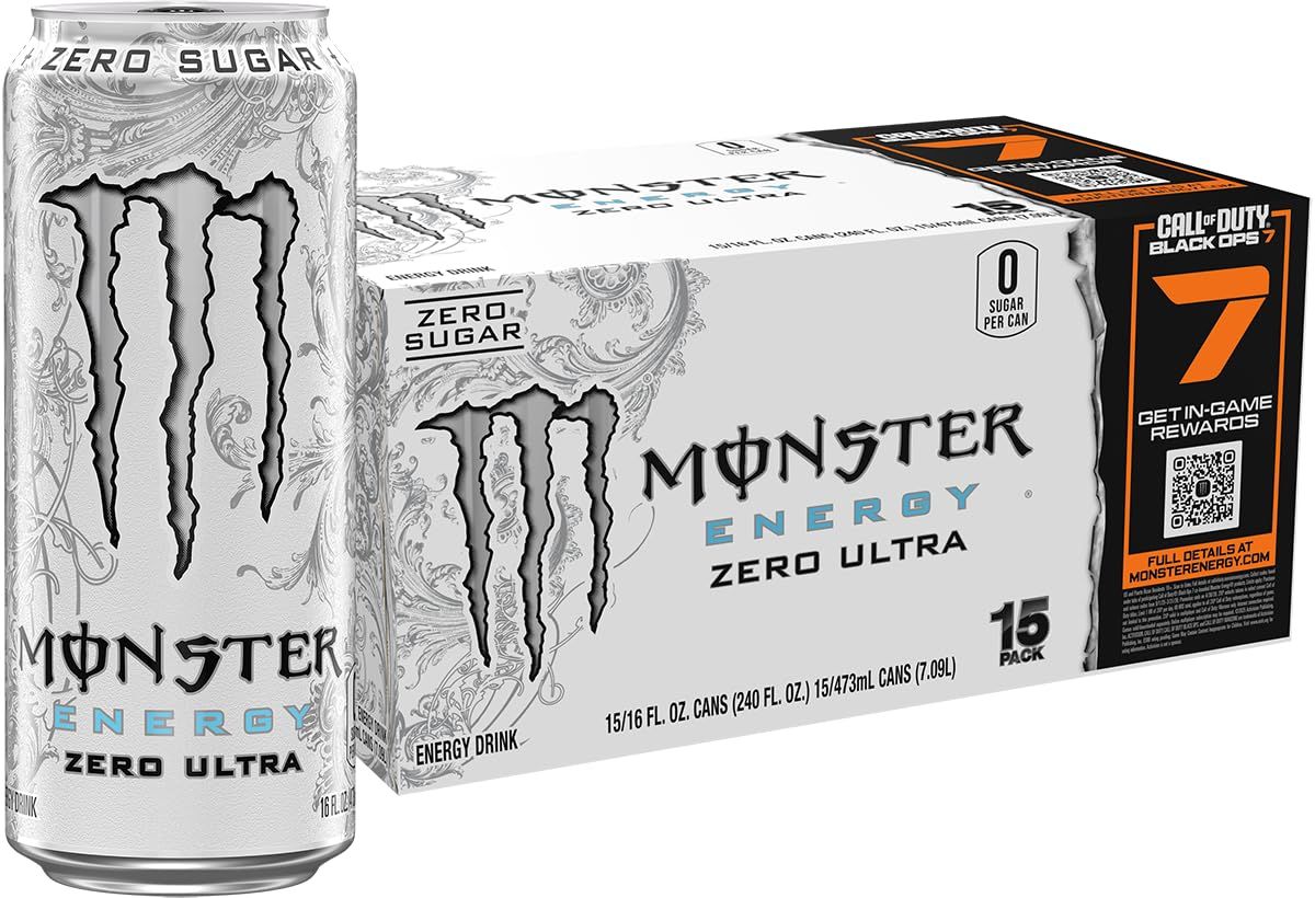 Shows the core sellable product - a 15-pack of Monster Energy Zero Ultra drinks - with both individual can and retail packaging clearly visible to communicate what the buyer will receive. Displays…